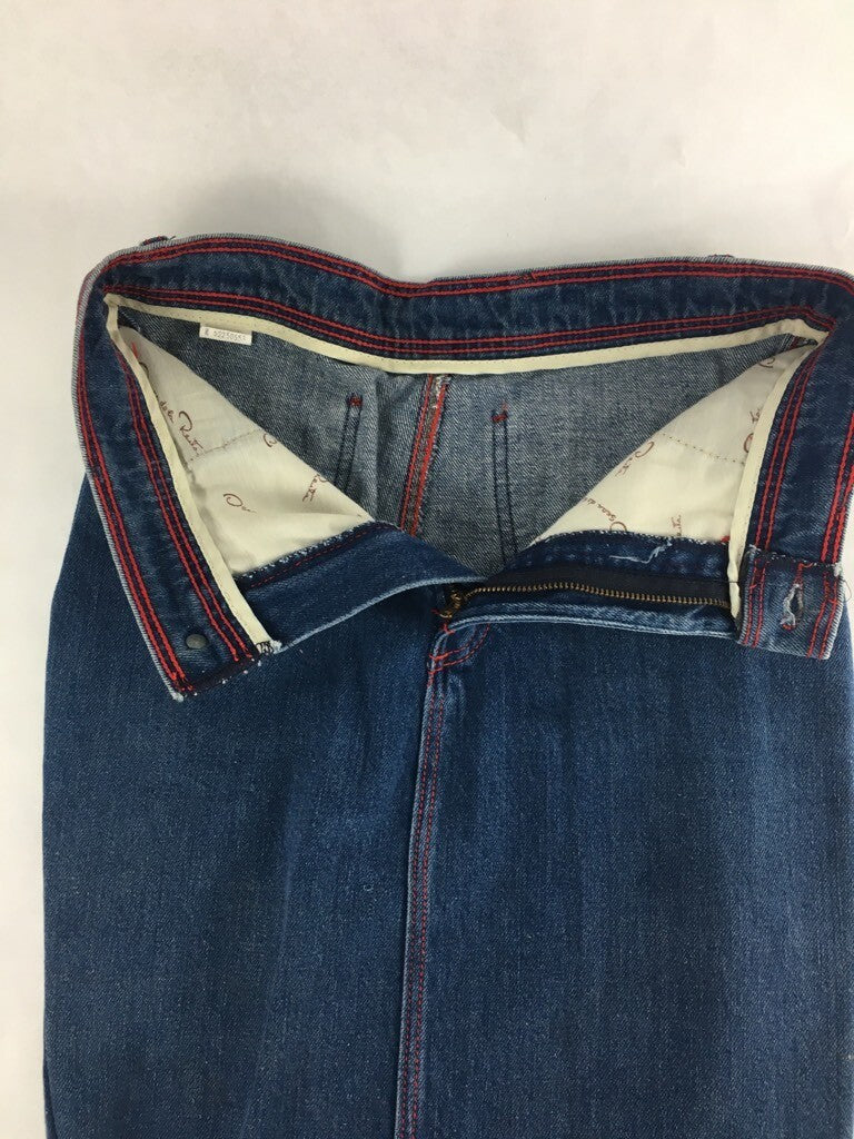 Oscar De La Renta Womens A Line Denim Skirt Blue Zipper Fly Pockets Fringes 12
