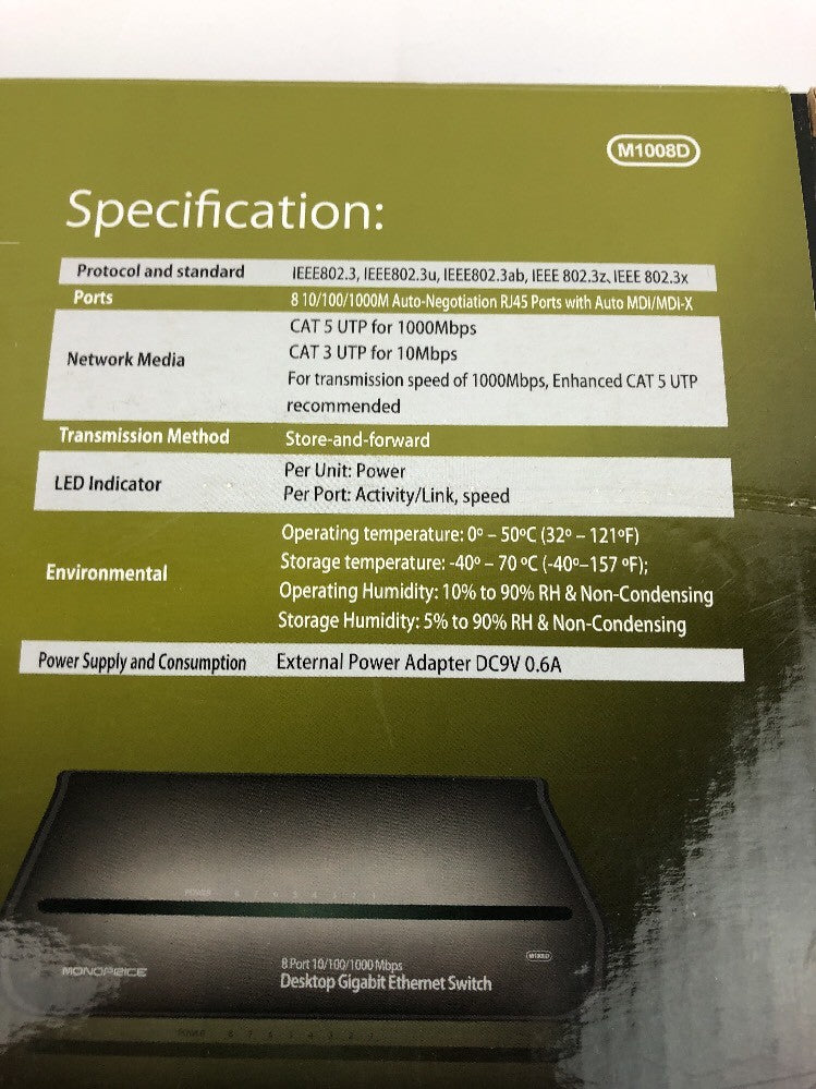 Desktop Gigabit Ethernet Switch Monoprice M1008D 8 Port 10/100/1000 Mbps