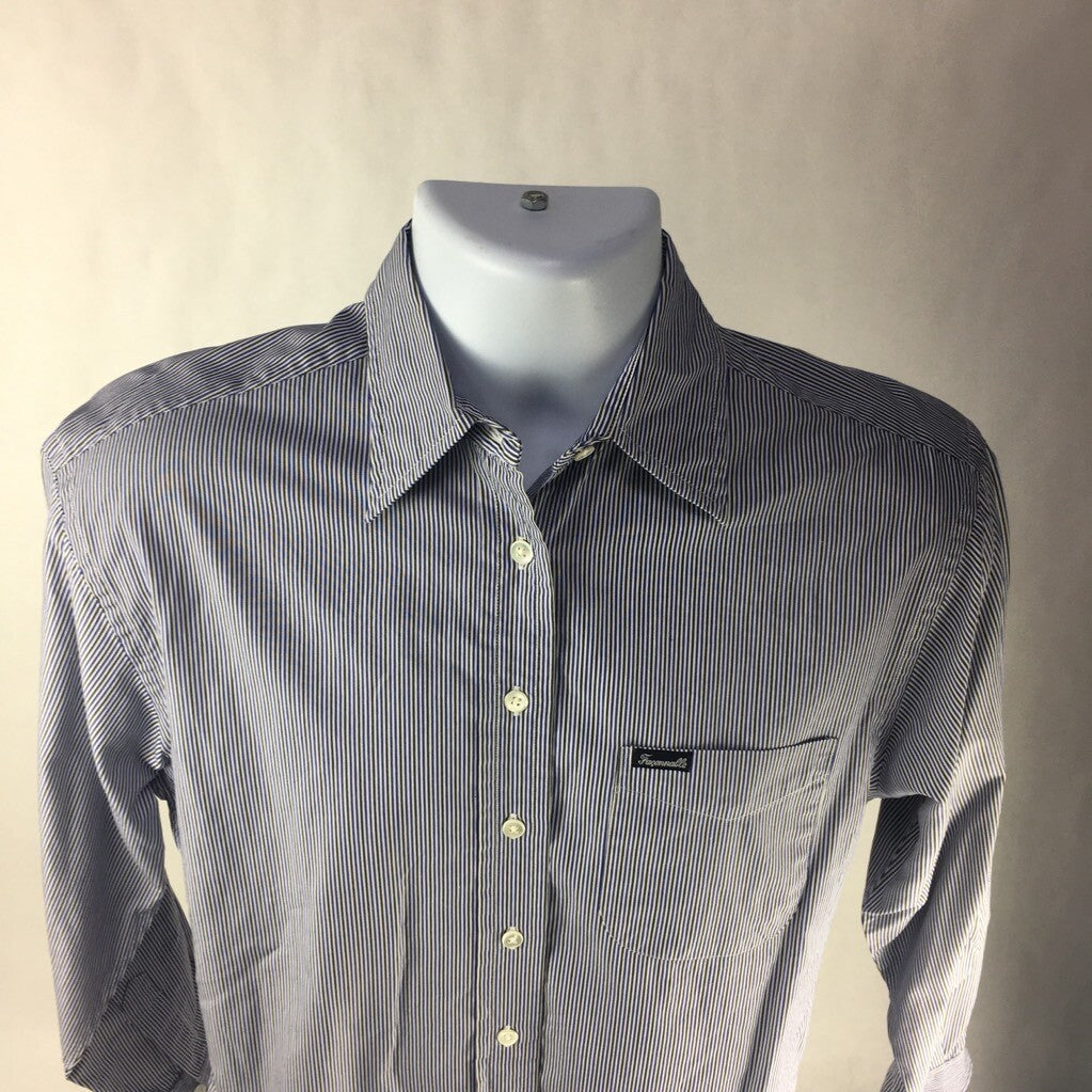 Faconnable Mens Button Front Shirt White Blue Stripe Long Sleeve Pocket Cotton S