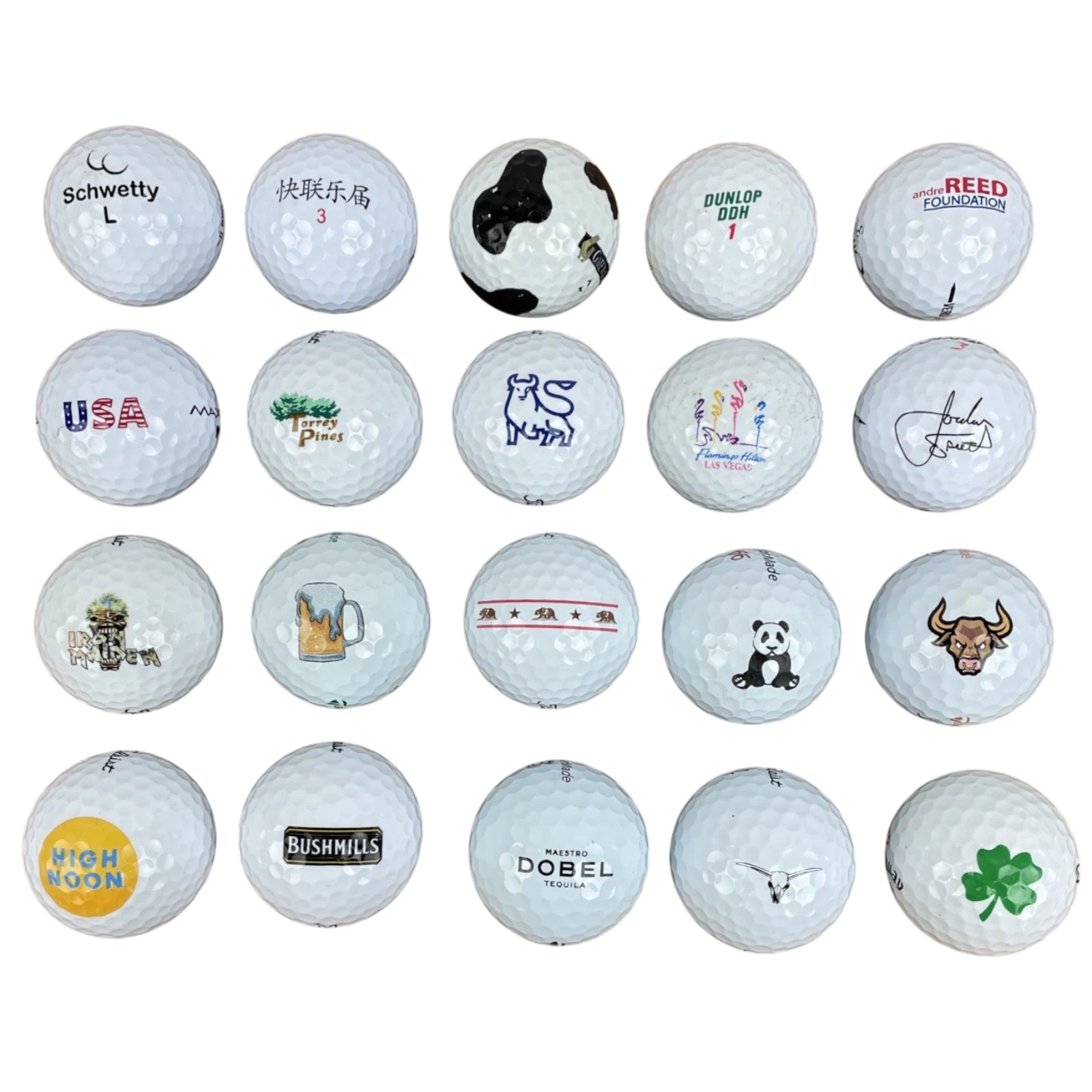 20 x Logo Golf Ball Lot Panda Bull Cali Bear Schwetty Balls FOO KING LONG Booze