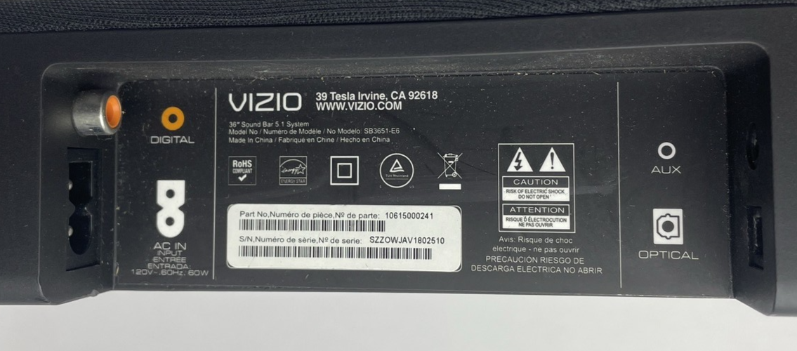VIZIO 5.1 SmartCast Soundbar SB3651-E6 Black ( SoundBar + Power Adapter Only )