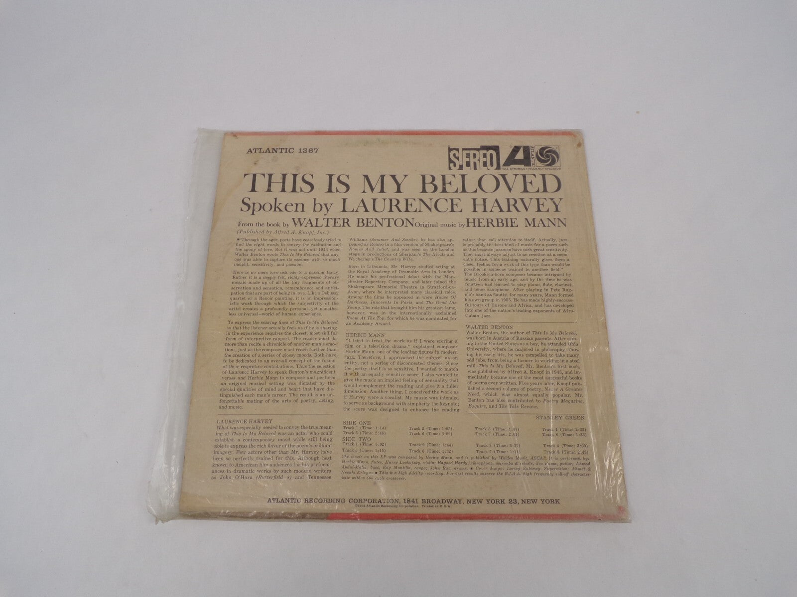 This Is My Beloved Spoken By Laurence Harvey Walter Benton Vinyl Record