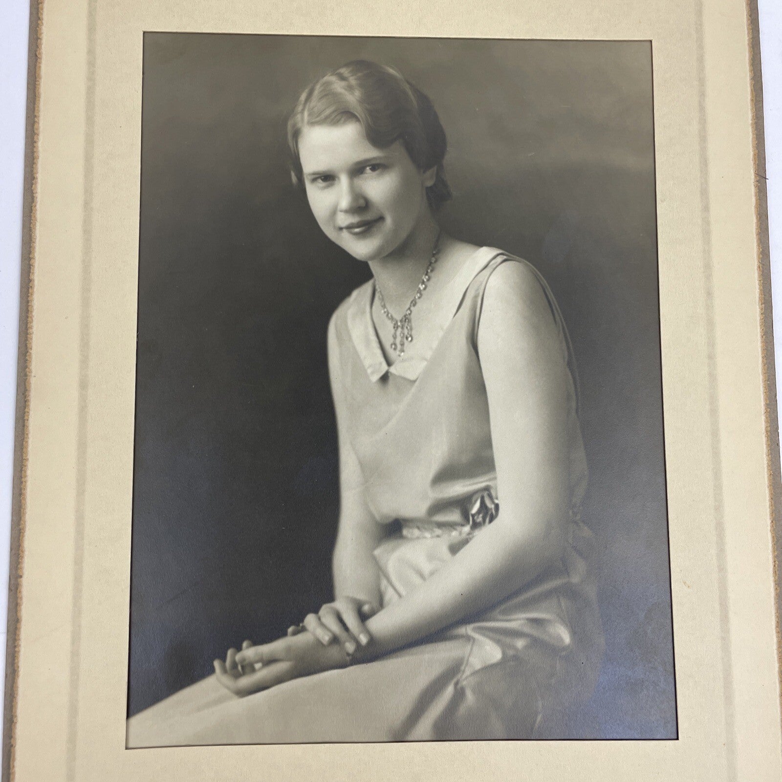Antique Photo Pretty Young Girl Posing 1920s Period Clothing in Frame Card 7x9