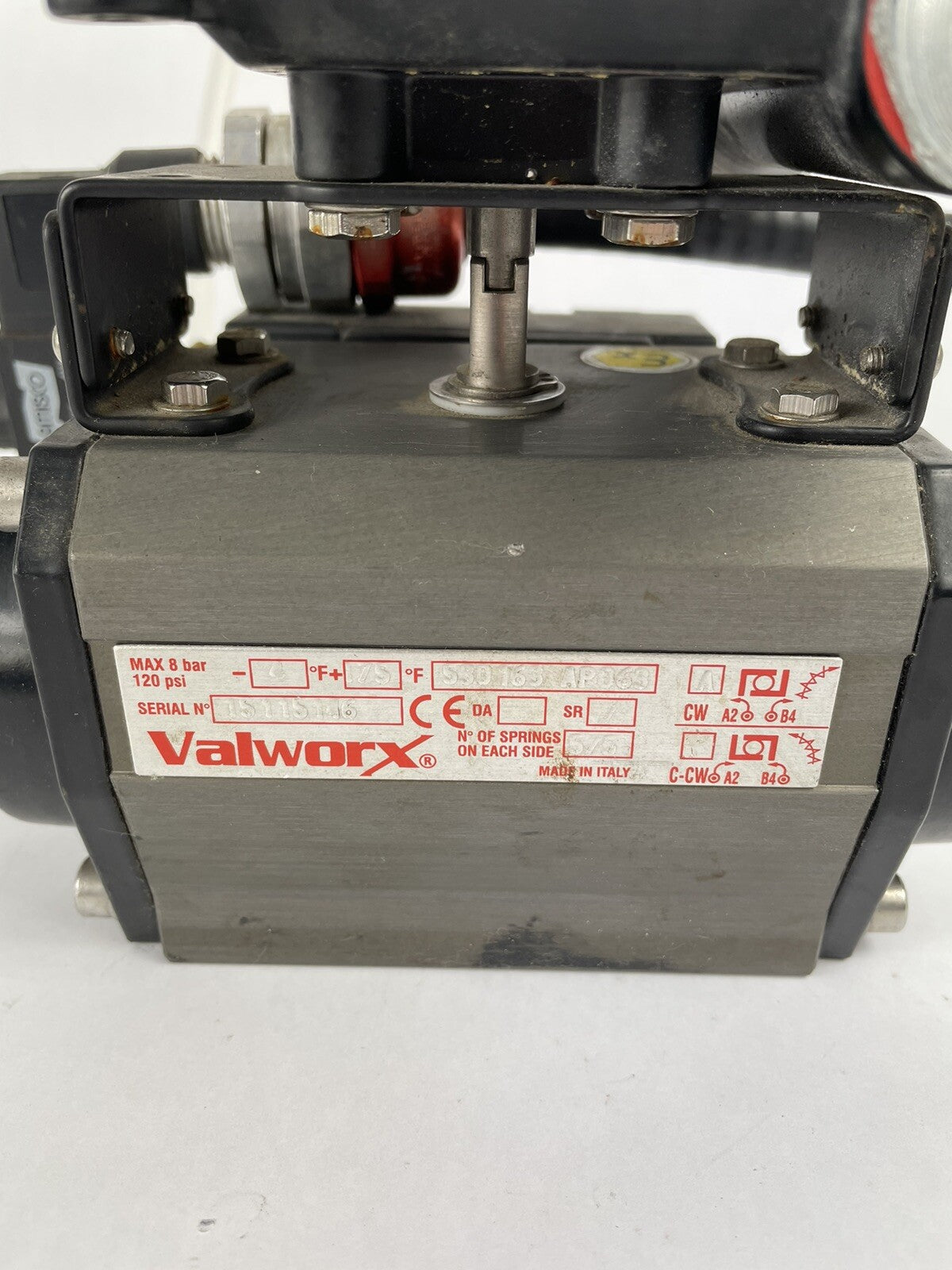 Valworx SR63 spring return pneumatic air actuator with solenoid and limit switch