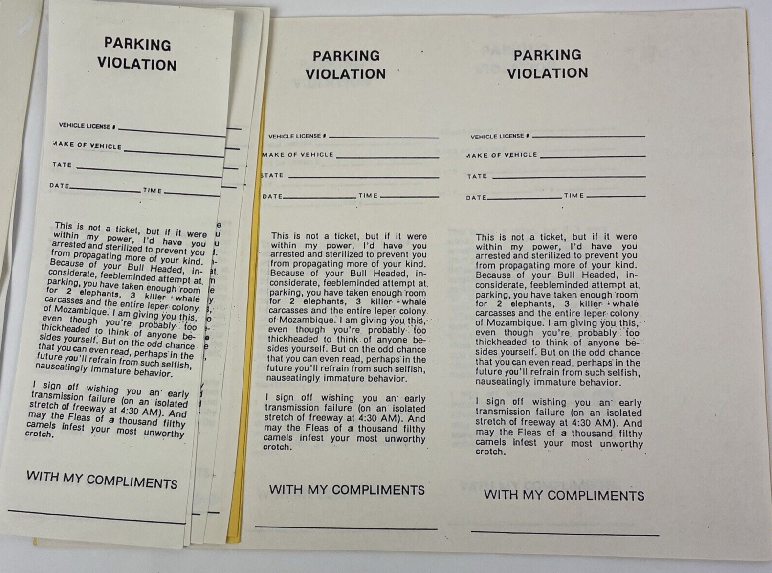 Vintage Funny Novelty Prank Bad Parking Cards and Citations Mickey Mouse LOOK