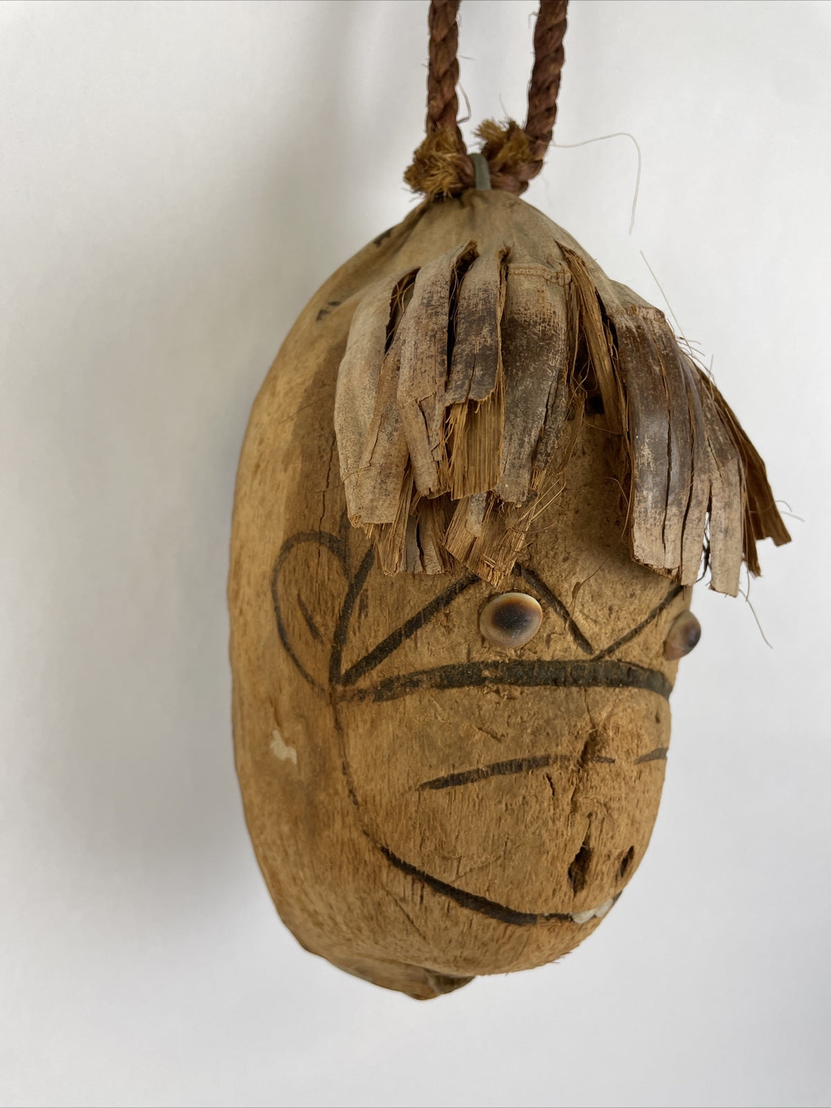 Coconut Carved Hand Made Tribal Native Head Decor Wall Hanging Shell Eyes Creepy