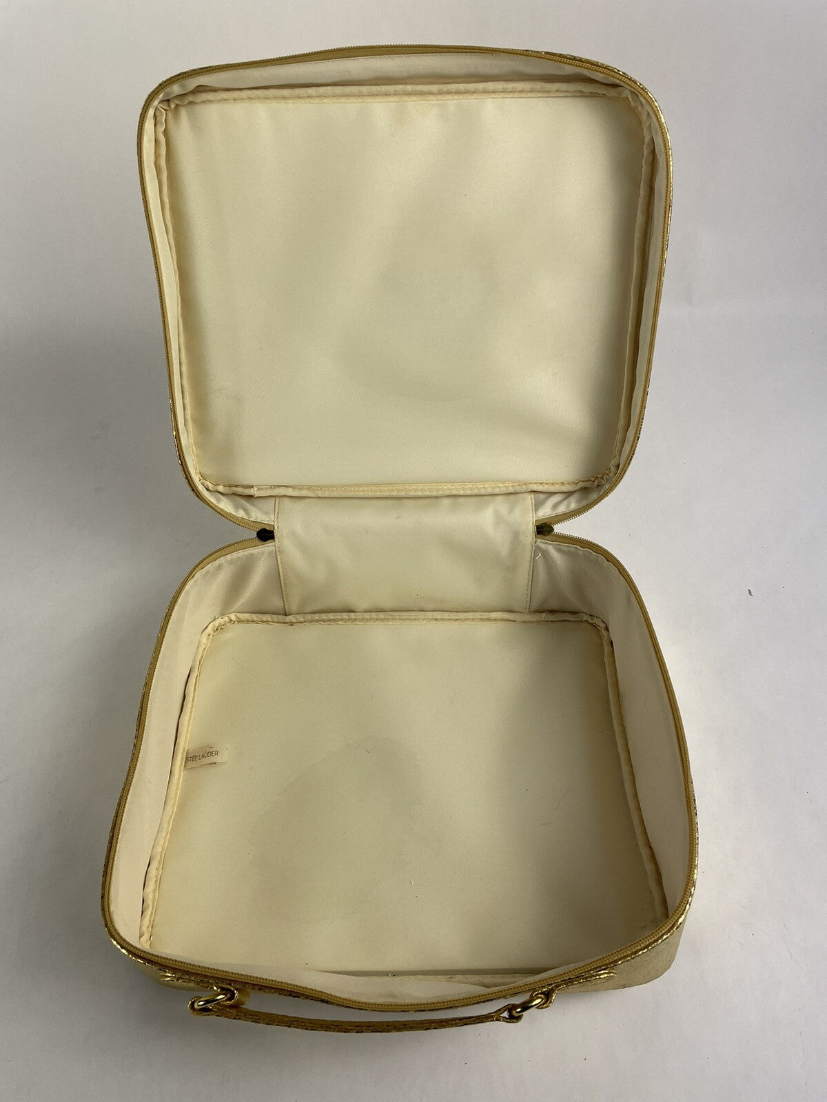 Vintage Estee Lauder Gold Cosmetic Train Travel Case Bag Suitcase Metallic Soft