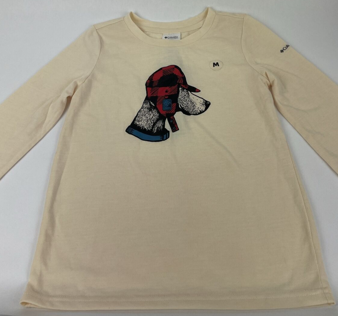 Columbia Dog w/ Hat Cream Long Sleeve Shirt Youth Girls Size Medium (7/8)