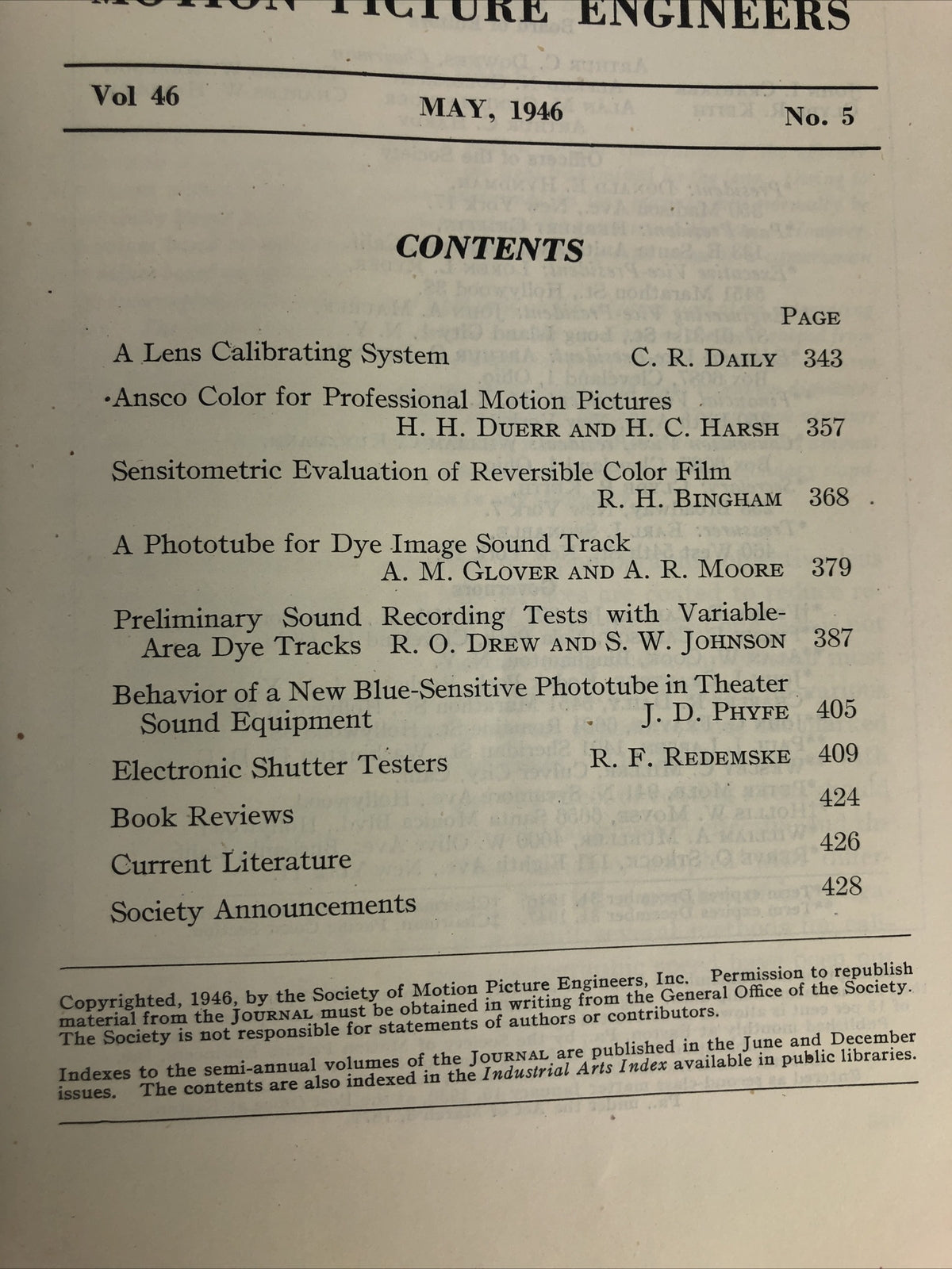 SMPE Journal Of The Society Of Motion Picture Engineers May 1946 Vol 46 No 5