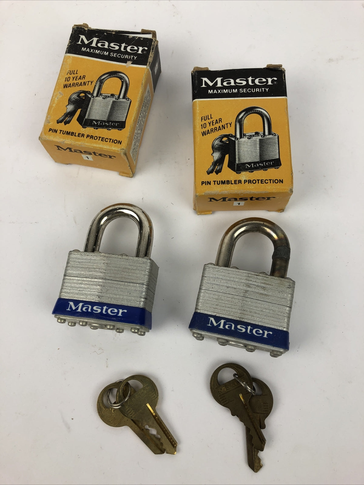 NOS Vintage Lot Of 2 MASTER LOCK Padlocks In Boxes with 2 Keys No. 1 - LOOK