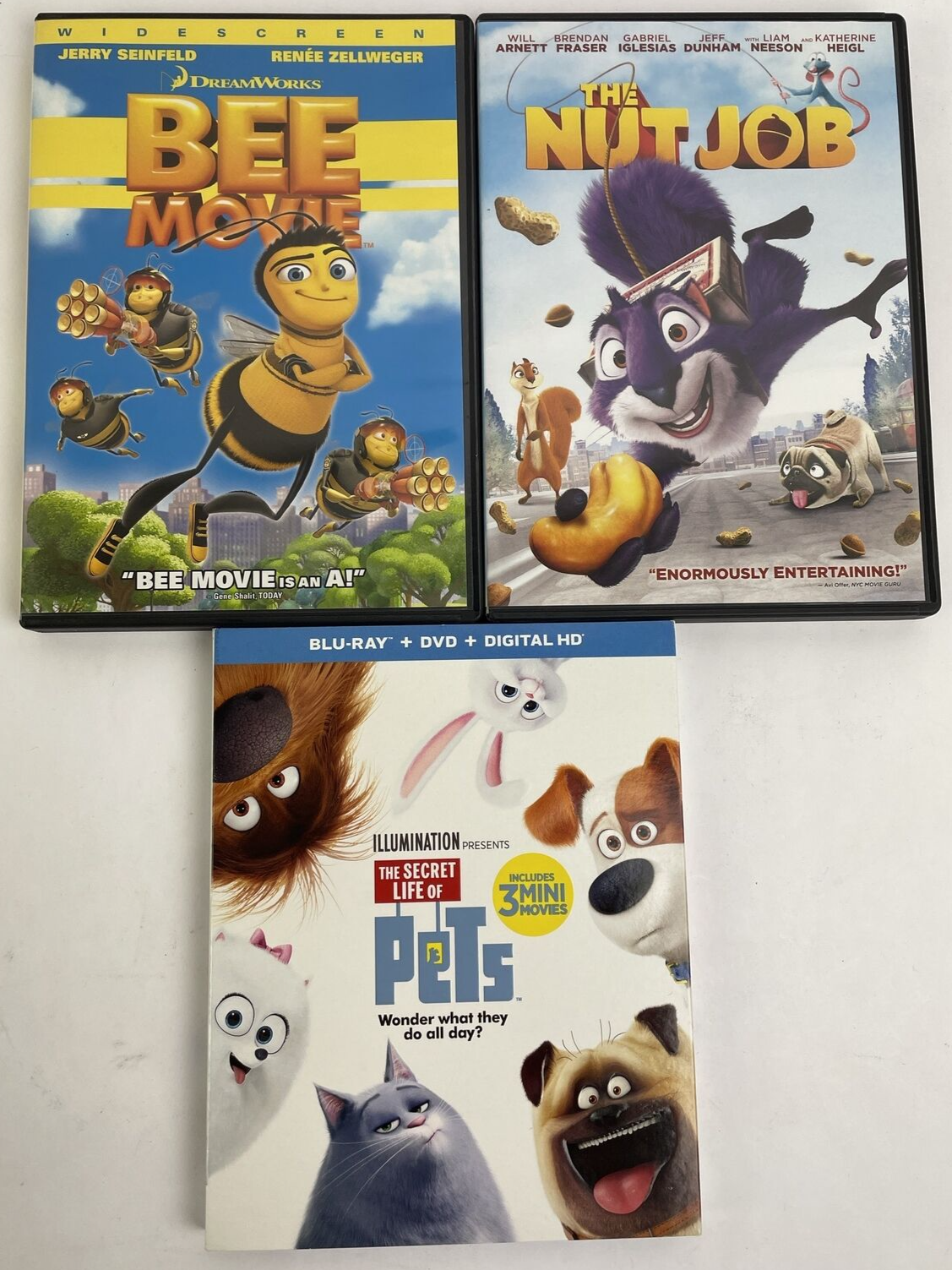 Lot of 3 Dreamworks DVD Movies Bee Movie, The Secret Lives of Pets, The Nut Job