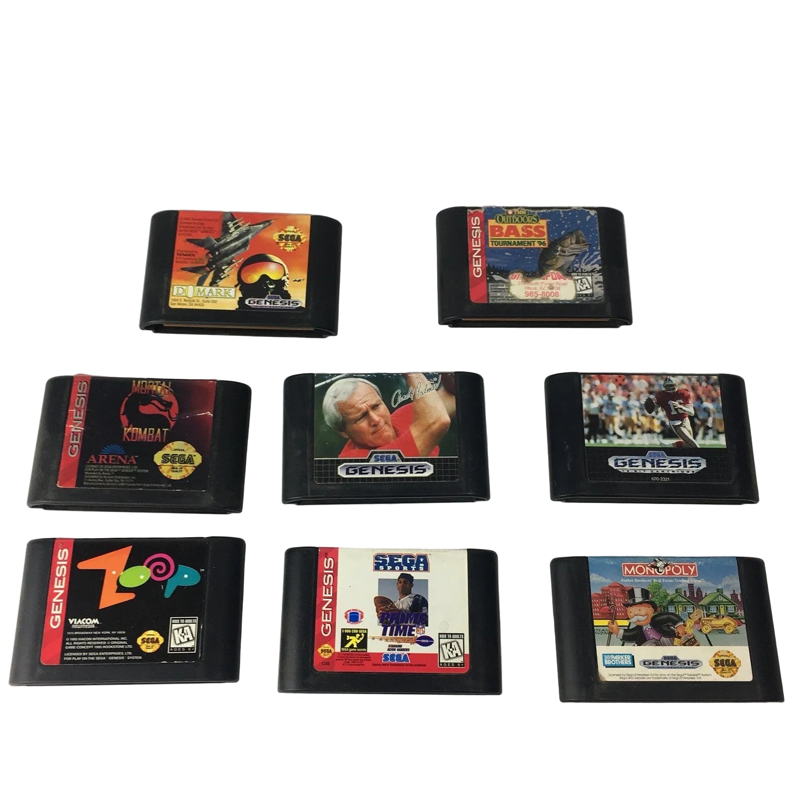 Lot of 8 authentic Sega Genesis games including Mortal Kombat Zoop MIG-29 Monopoly and Outdoor Bass