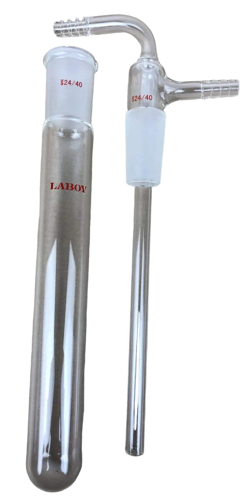 New Laboy borosilicate glass inlet adapter with 24/40 inner glass joint and beaker.