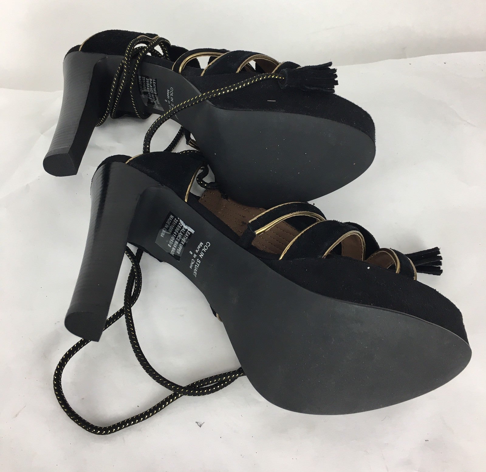 COLIN STUART Black Leather Lace Up Leg Size 8 High Heels Platform