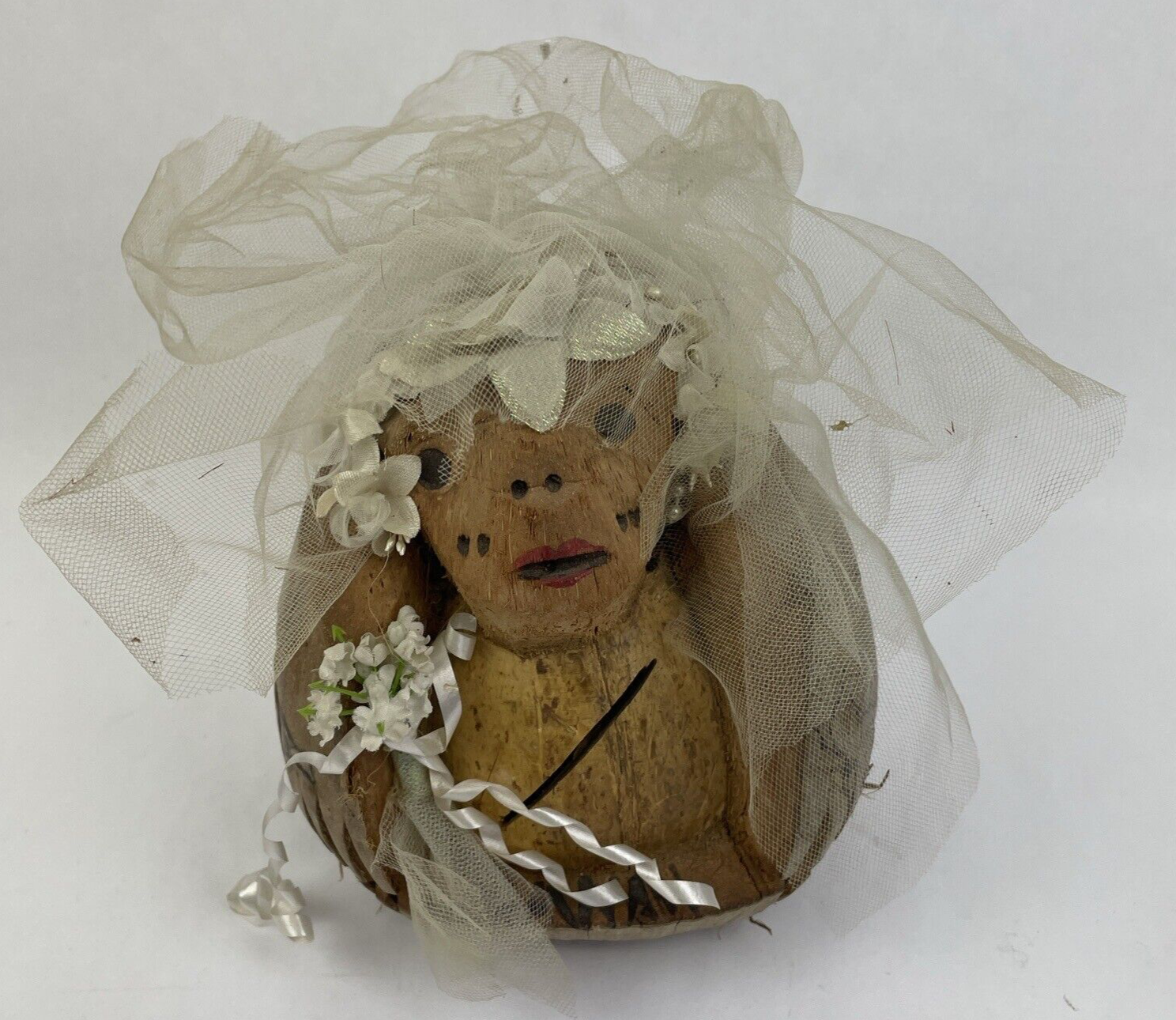 VNTG Tiki Bar Coconut Tribal Head Hand Painted Carved Shell Wedding Bride RARE