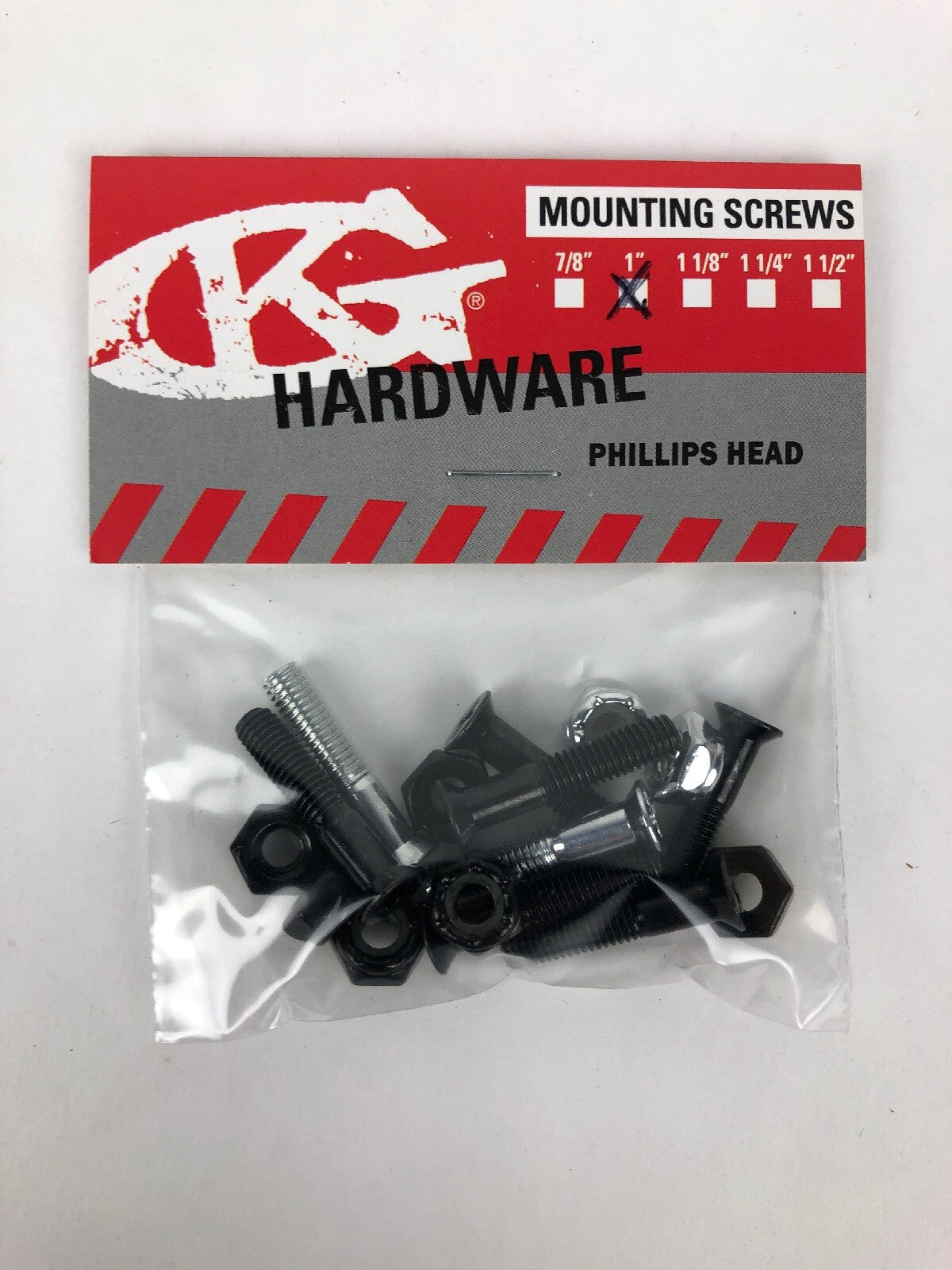 NOS Grind King 1-inch Phillips skateboard hardware set with silver bolts and lock nuts in Silverado finish.