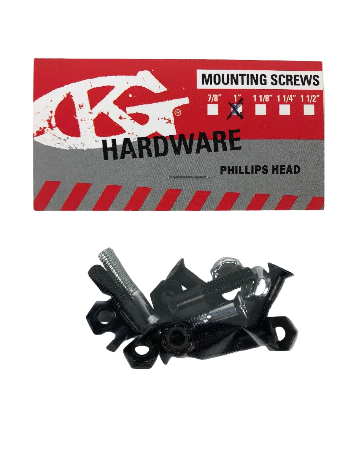 NOS Grind King 1-inch Phillips skateboard hardware set with silver bolts and lock nuts in Silverado finish.