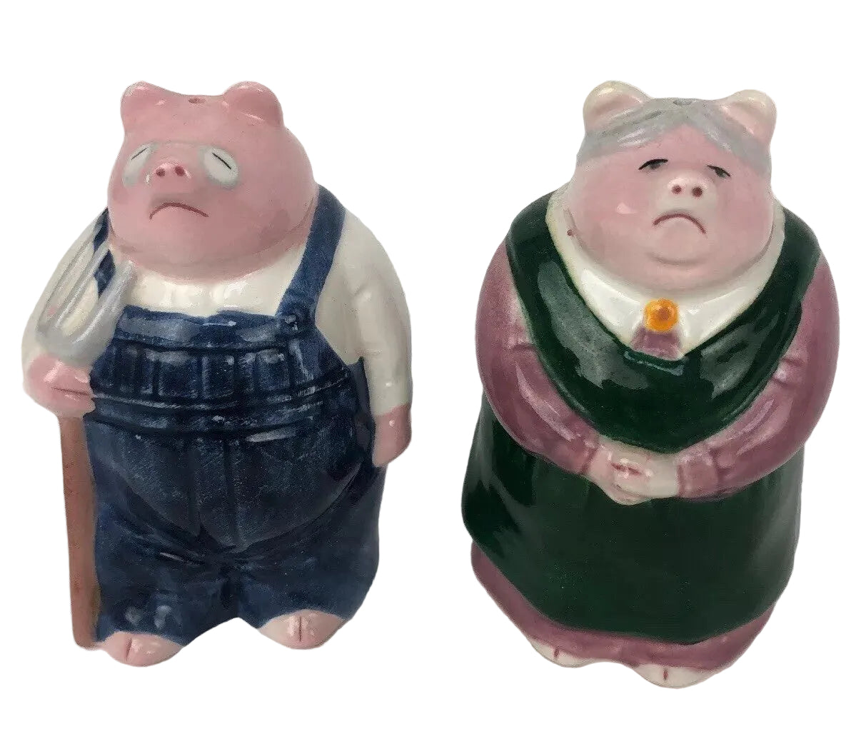 Vintage Farmer Salt and Pepper Shakers - Pigs Pig - American Gothic Portrait