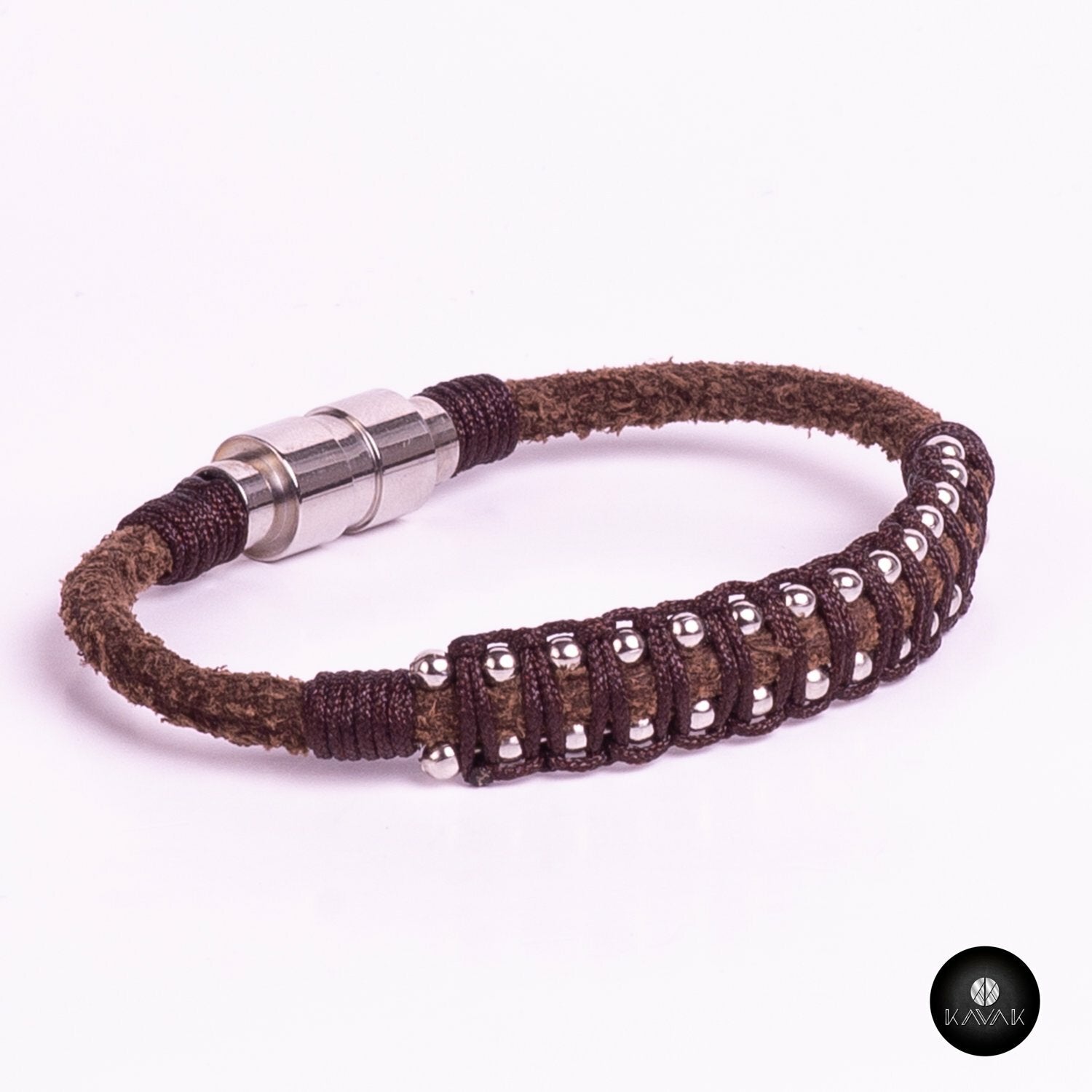 Kavak Handmade Men's Bracelet Leather Magnetic Stainless Steel Military Braided