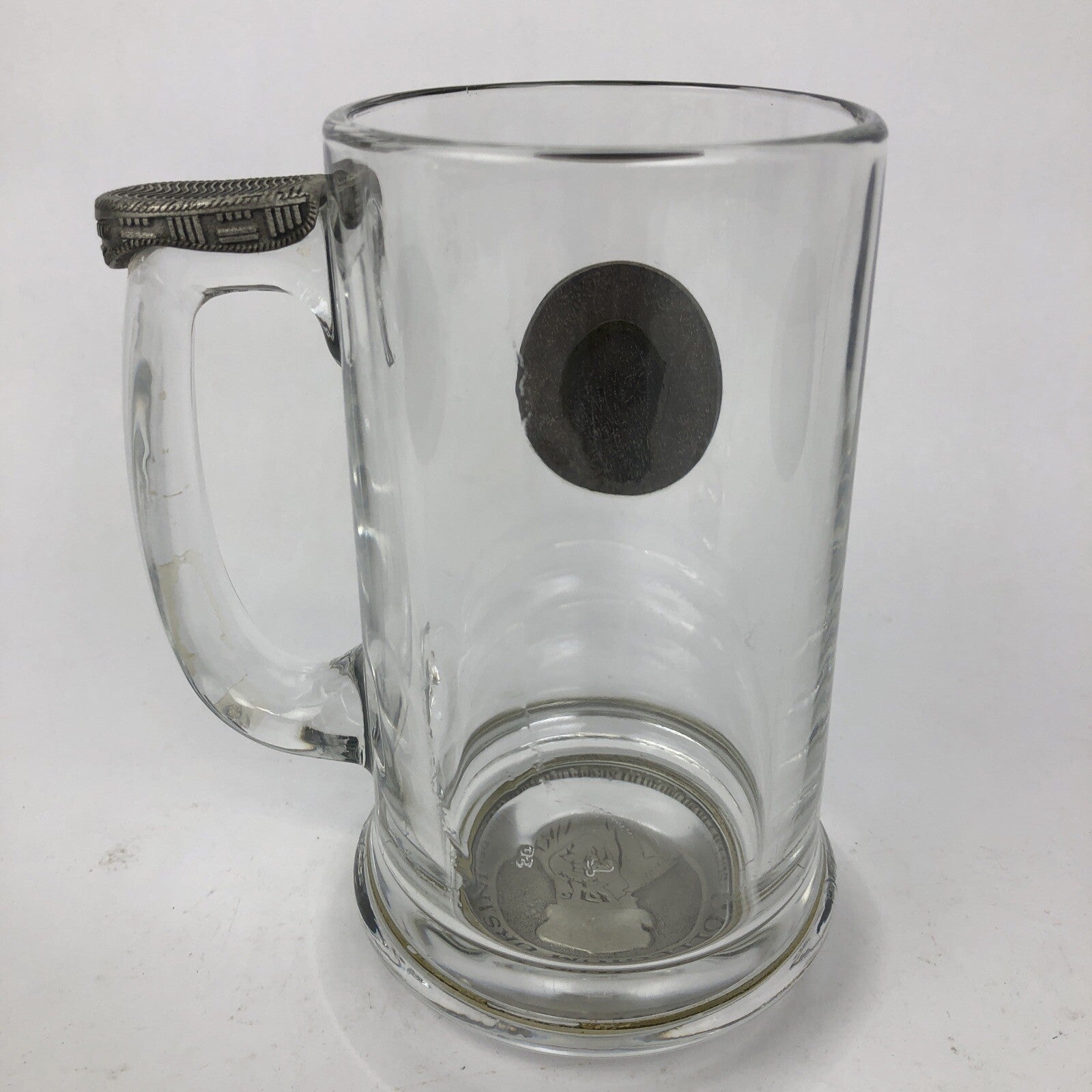 Vintage Collegium Ursini glass and pewter beer stein mug with AD 1869 inscription.