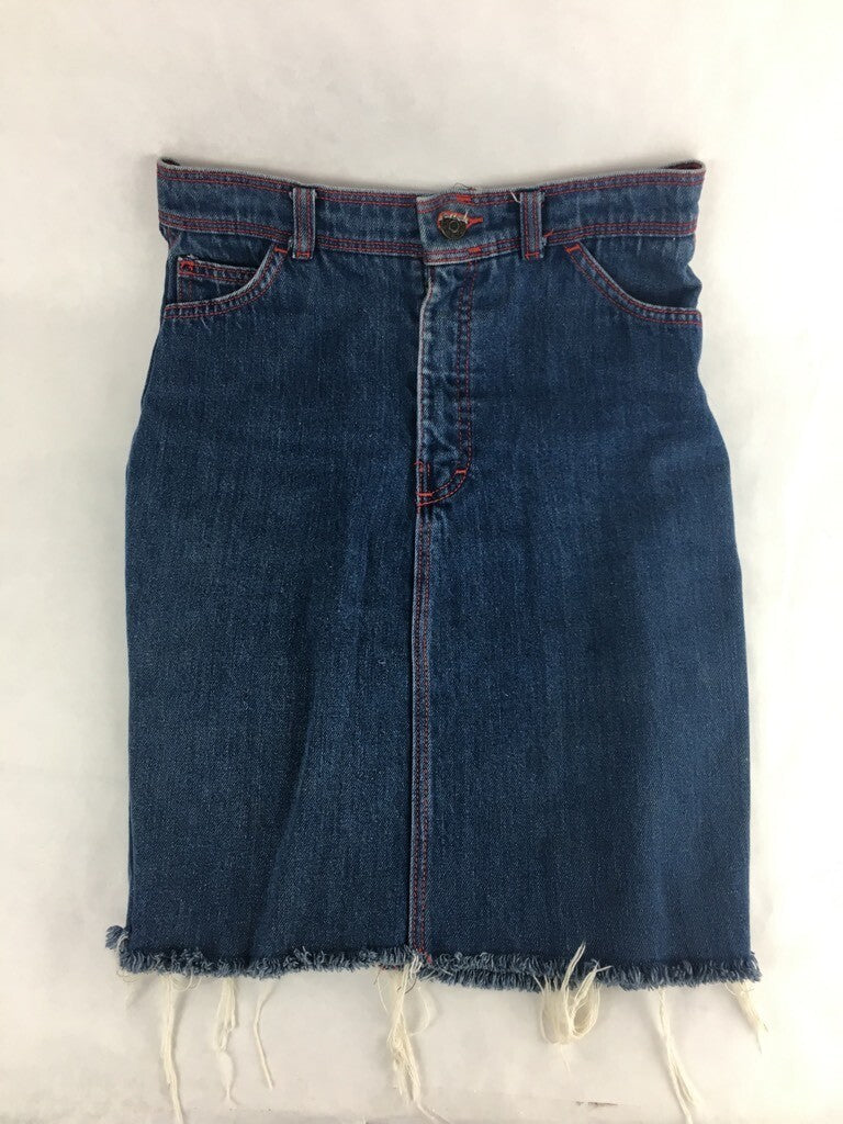 Oscar De La Renta Womens A Line Denim Skirt Blue Zipper Fly Pockets Fringes 12