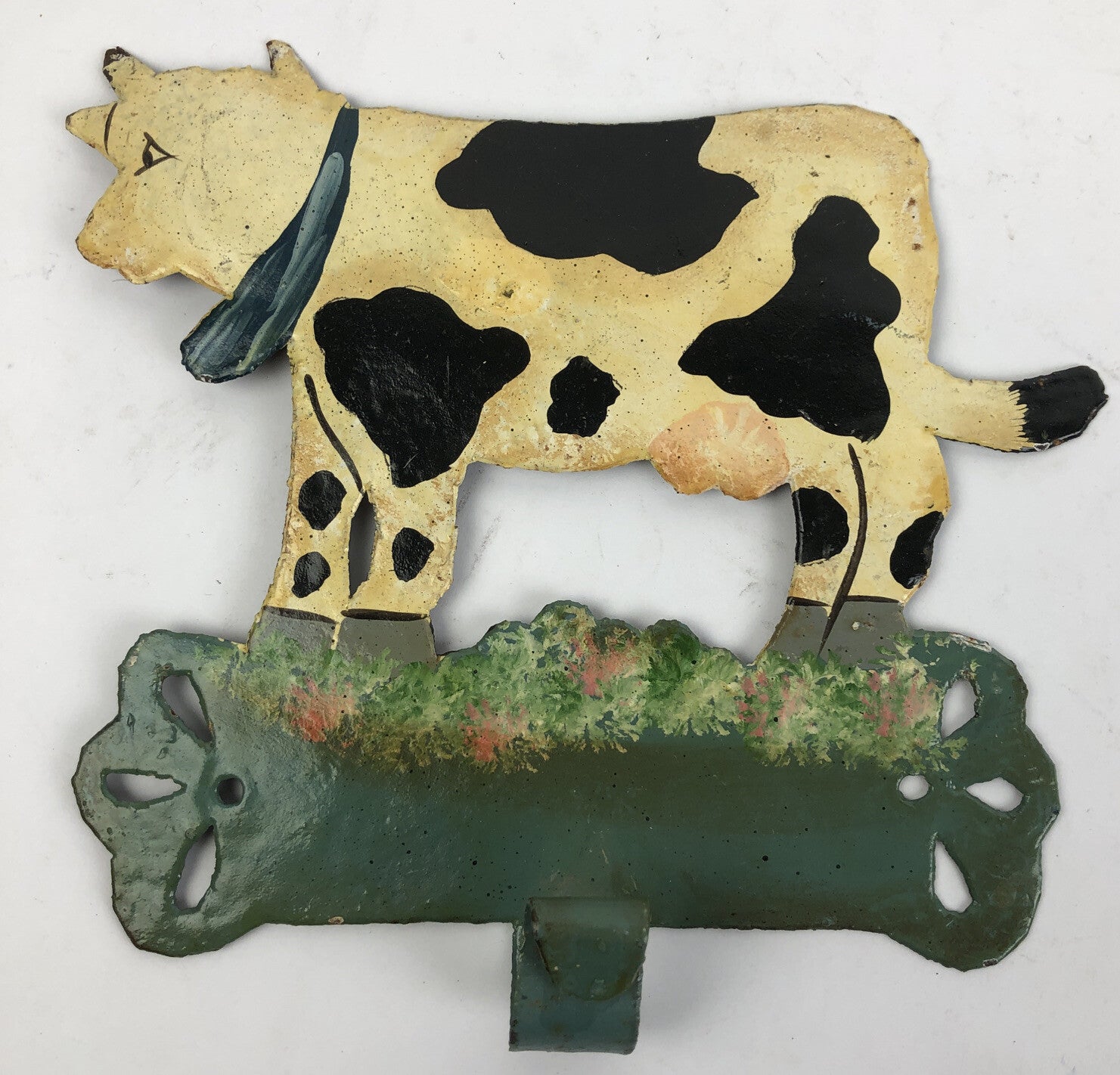 Antique Vintage Metal Towel Rail Roll Holder Hand Painted Cow Theme 6.5" x 7"