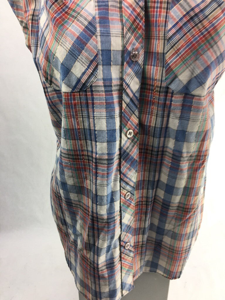 Ricki Miss Erika Womens Button Up Shirt Blue Red Plaid Cap Sleeves Pockets Top S