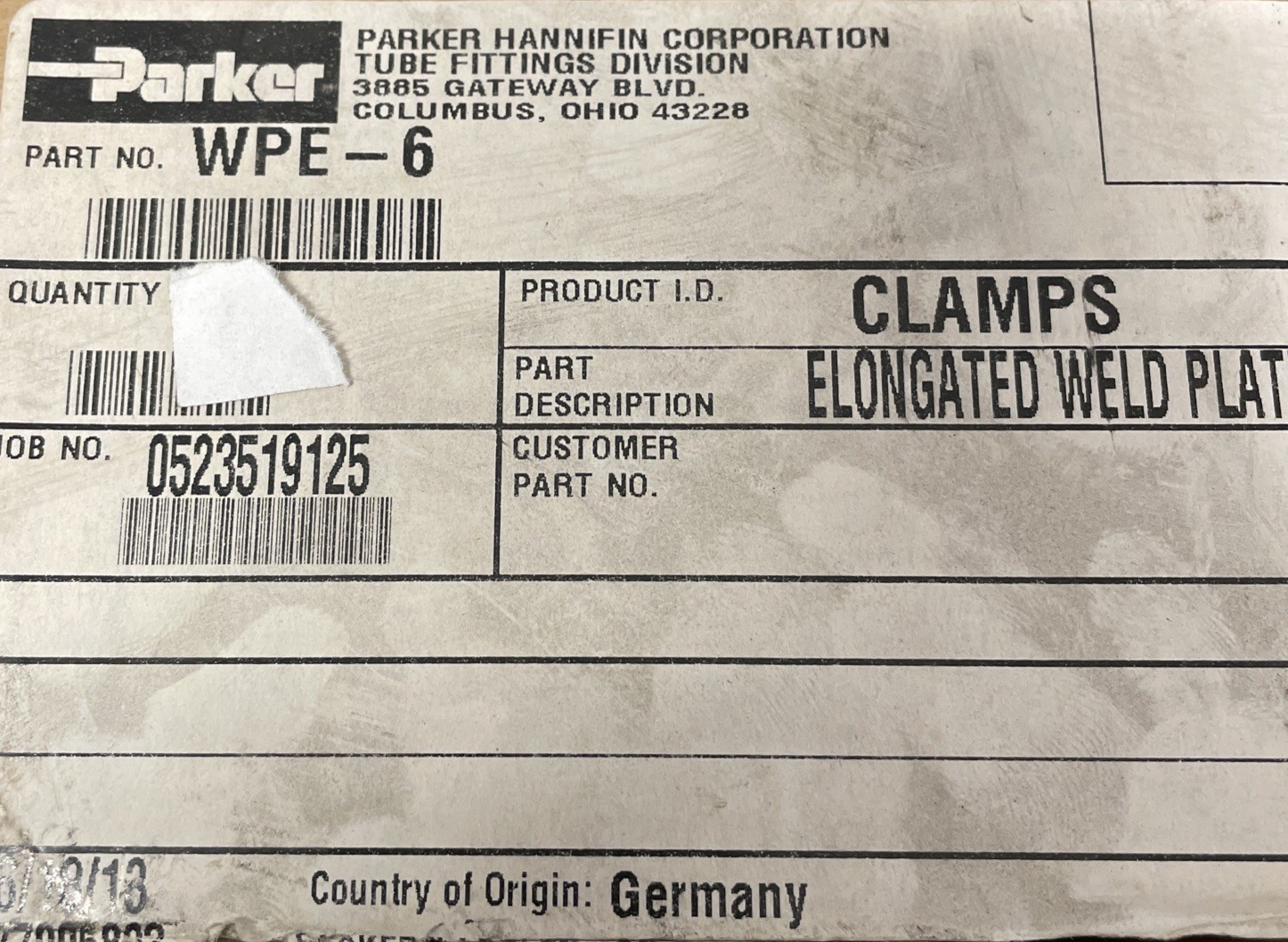 Lot of 2 PARKER Hannifin Corp. WPE-6 Elongated 4.5" WELD PLATE - Made in Germany