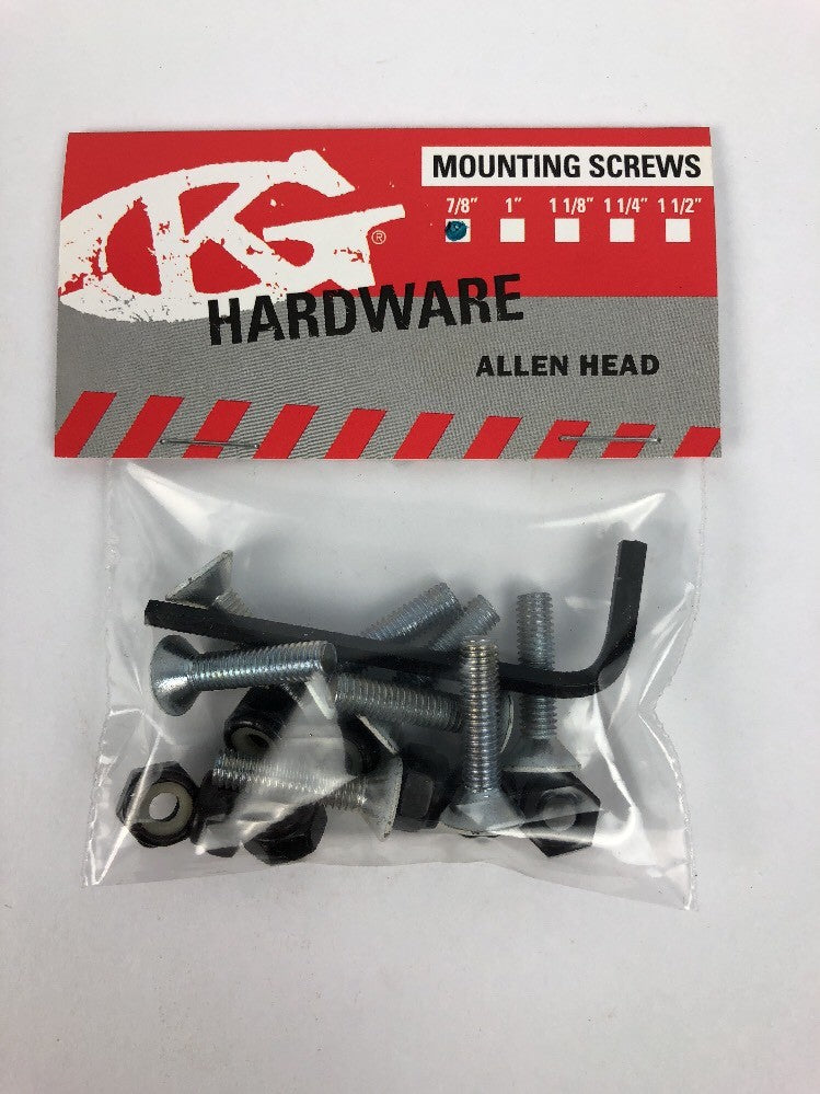 Grind King 7/8-inch silver Allen head skateboard hardware with white top bolts.