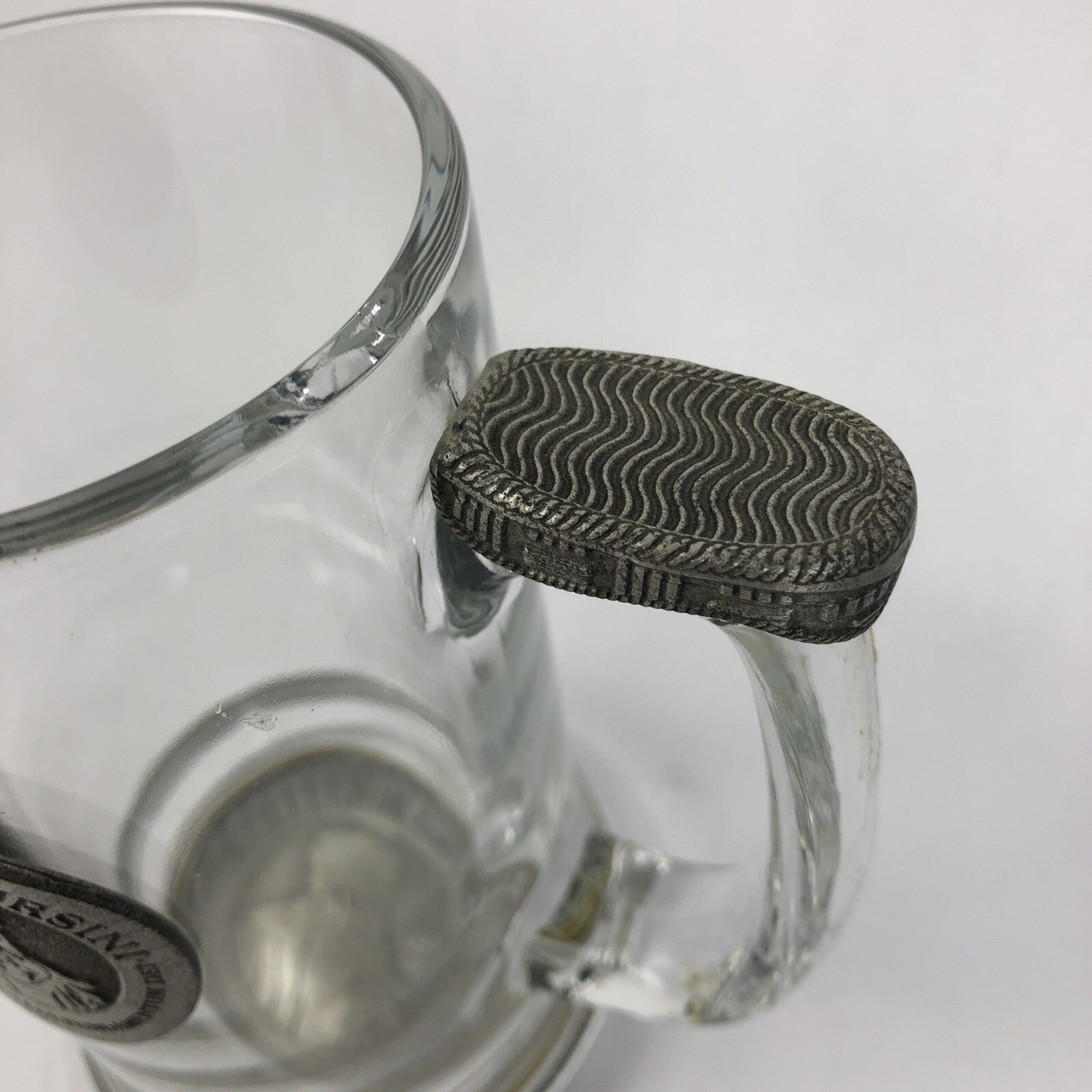 Vintage Collegium Ursini glass and pewter beer stein mug with AD 1869 inscription.