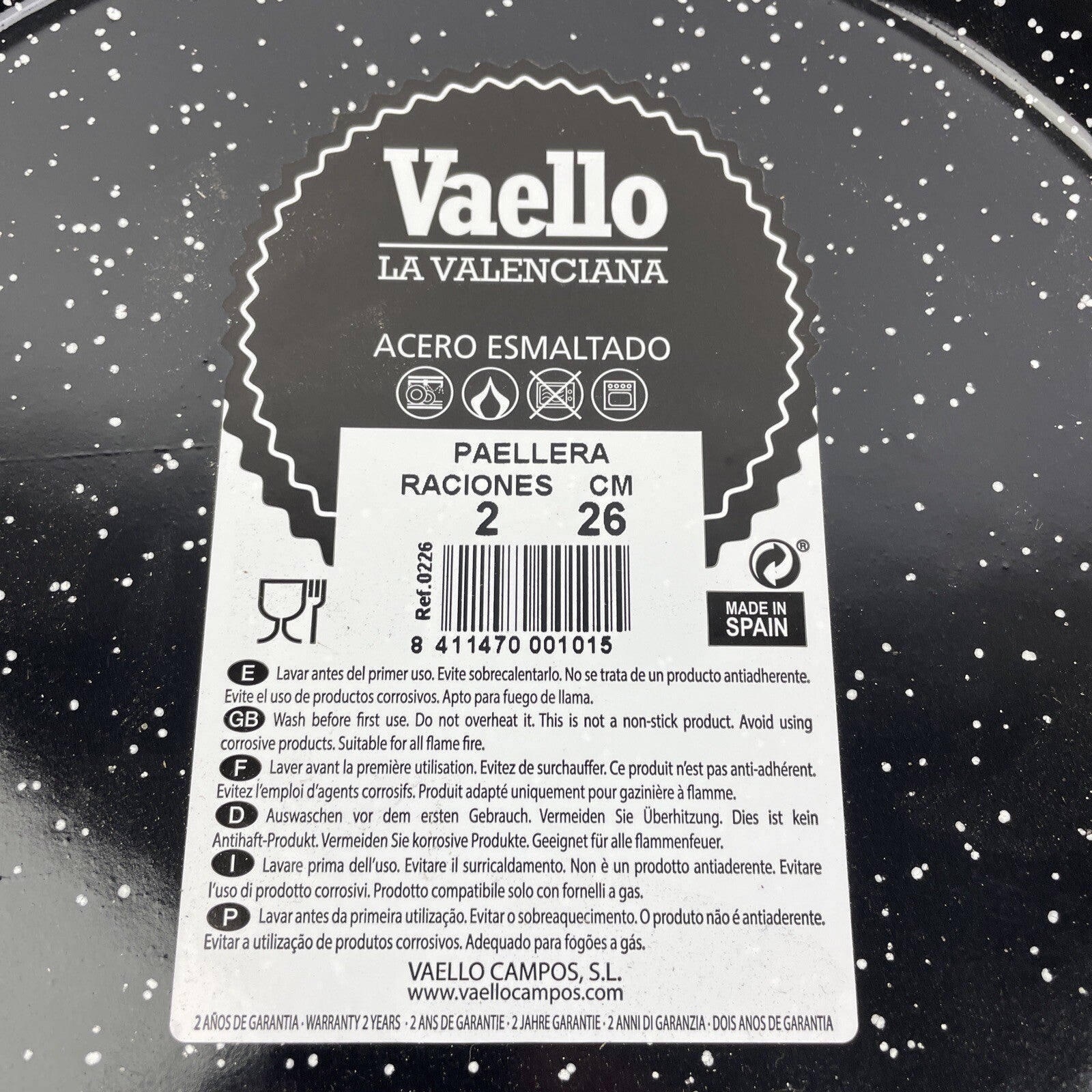 Paella Pan VAELLO LA Valenciana Paellera ferro 2 manici martello 26cm 10" Spain