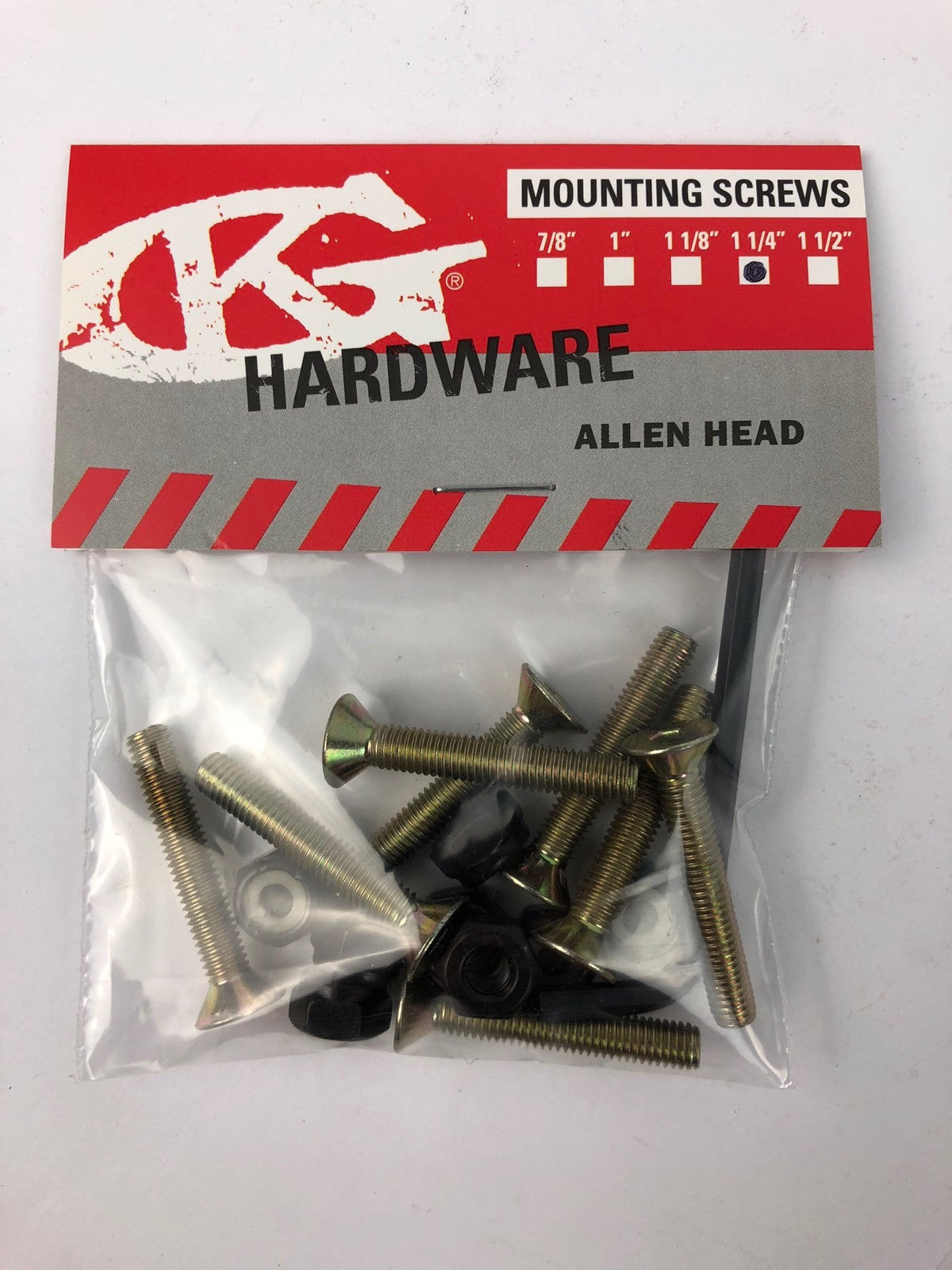 NOS Grind King Skateboards 1.25-inch gold Allen key skateboard mounting hardware set with hex-head bolts and nuts.