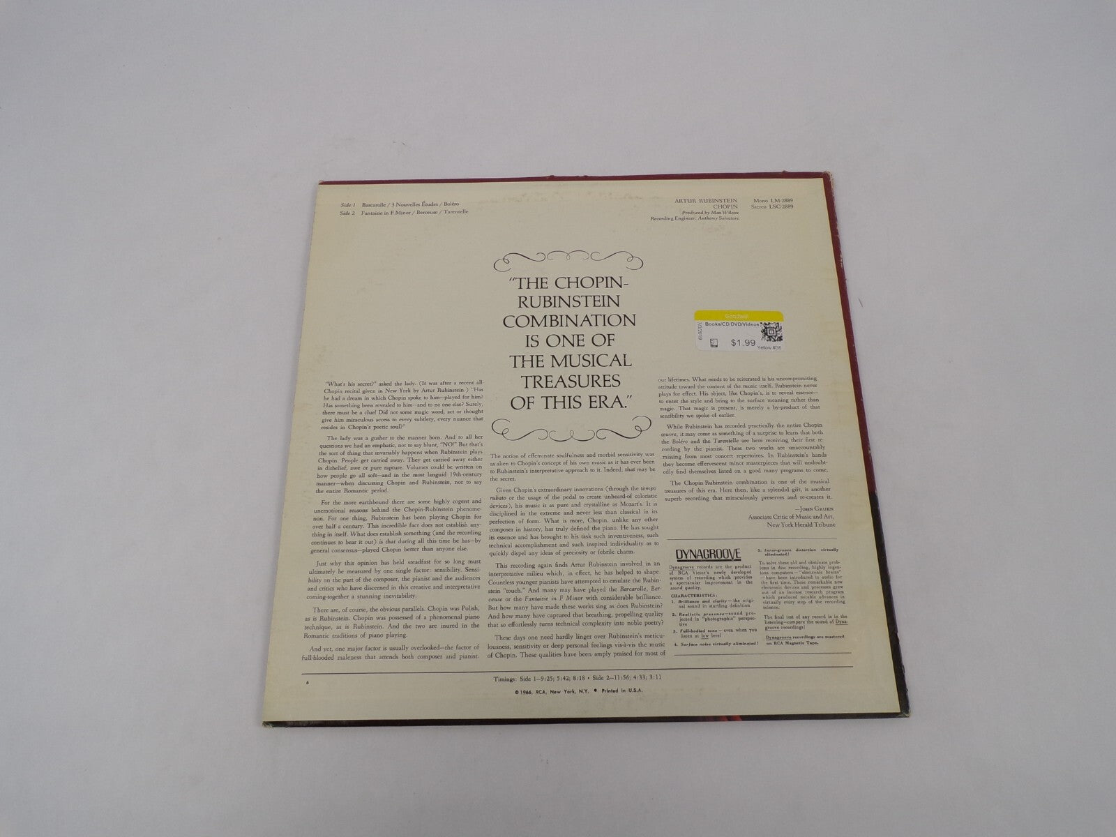 Artur Rubinstein / Chopin Bercouse Tarentelle Barcarolle Bolero Vinyl Record