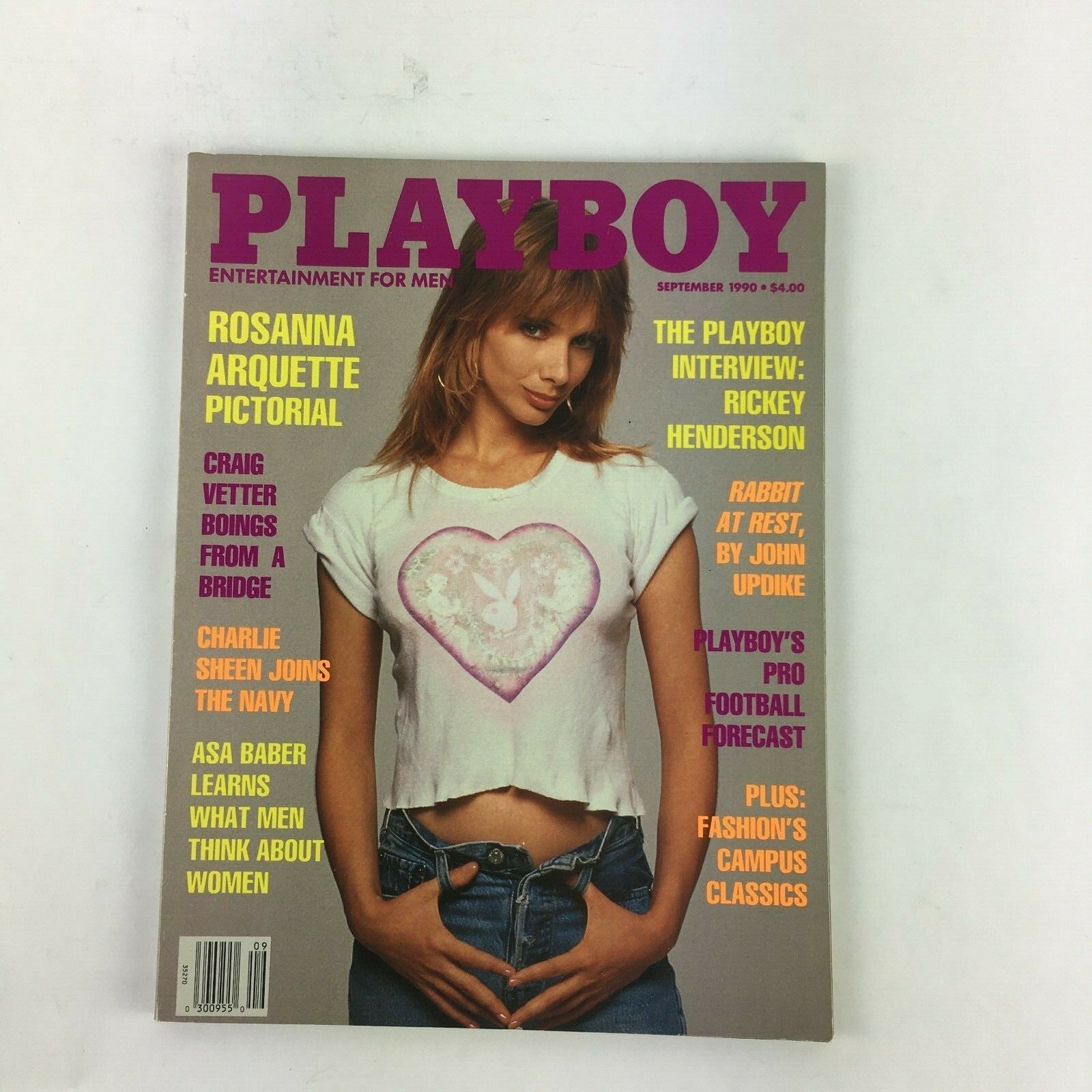September 1990 Playboy Magazine Rosanna Arquette Rickey Henderson Charlie Sheen