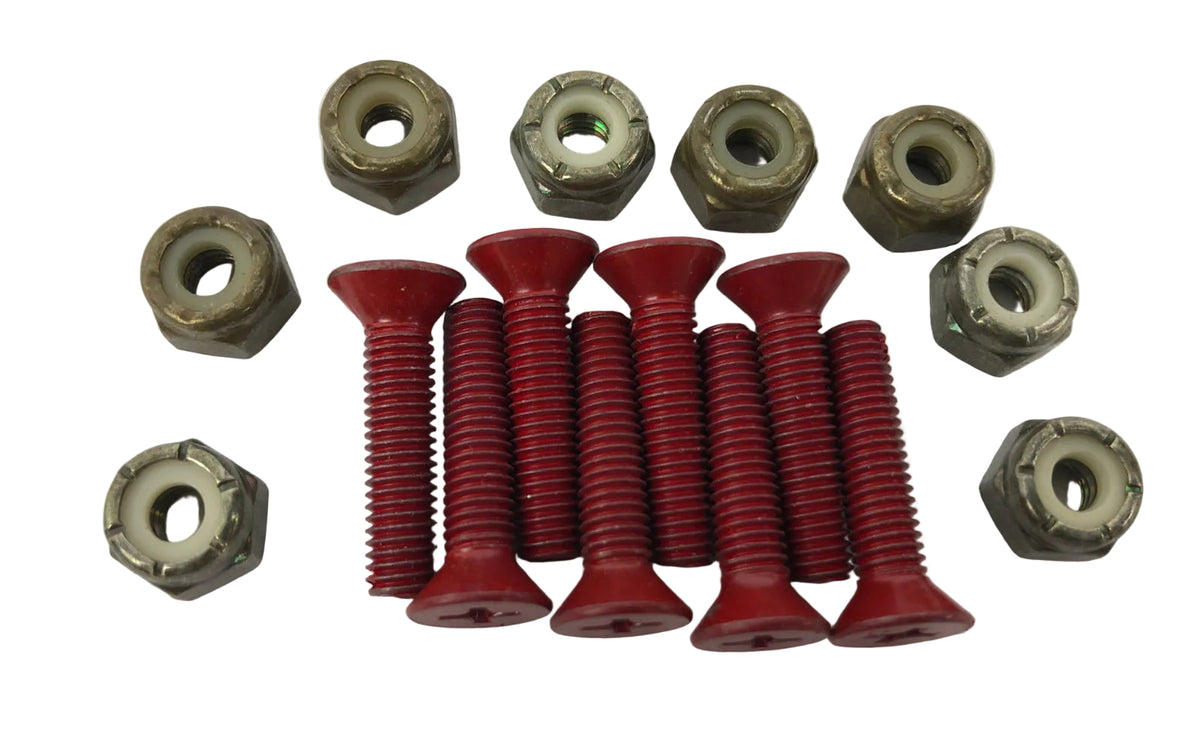 CARGO 7/8-inch red Phillips head skateboard hardware set with bolts, lock nuts, and free shipping.