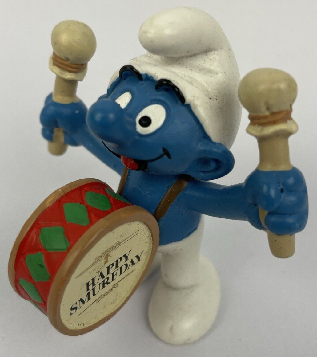 2007 Schleigh Smurfs 20707 Drummer Smurf Happy Smurfday On Drum Germany Rare