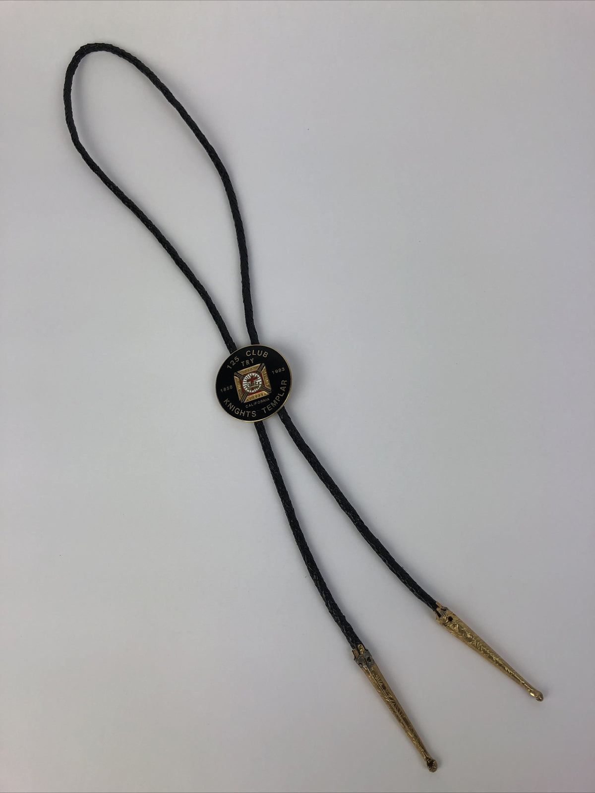 Knights Templar 125 Club bolo tie necklace with cross shield emblem commemorating 1858 to 1983 anniversary collection piece