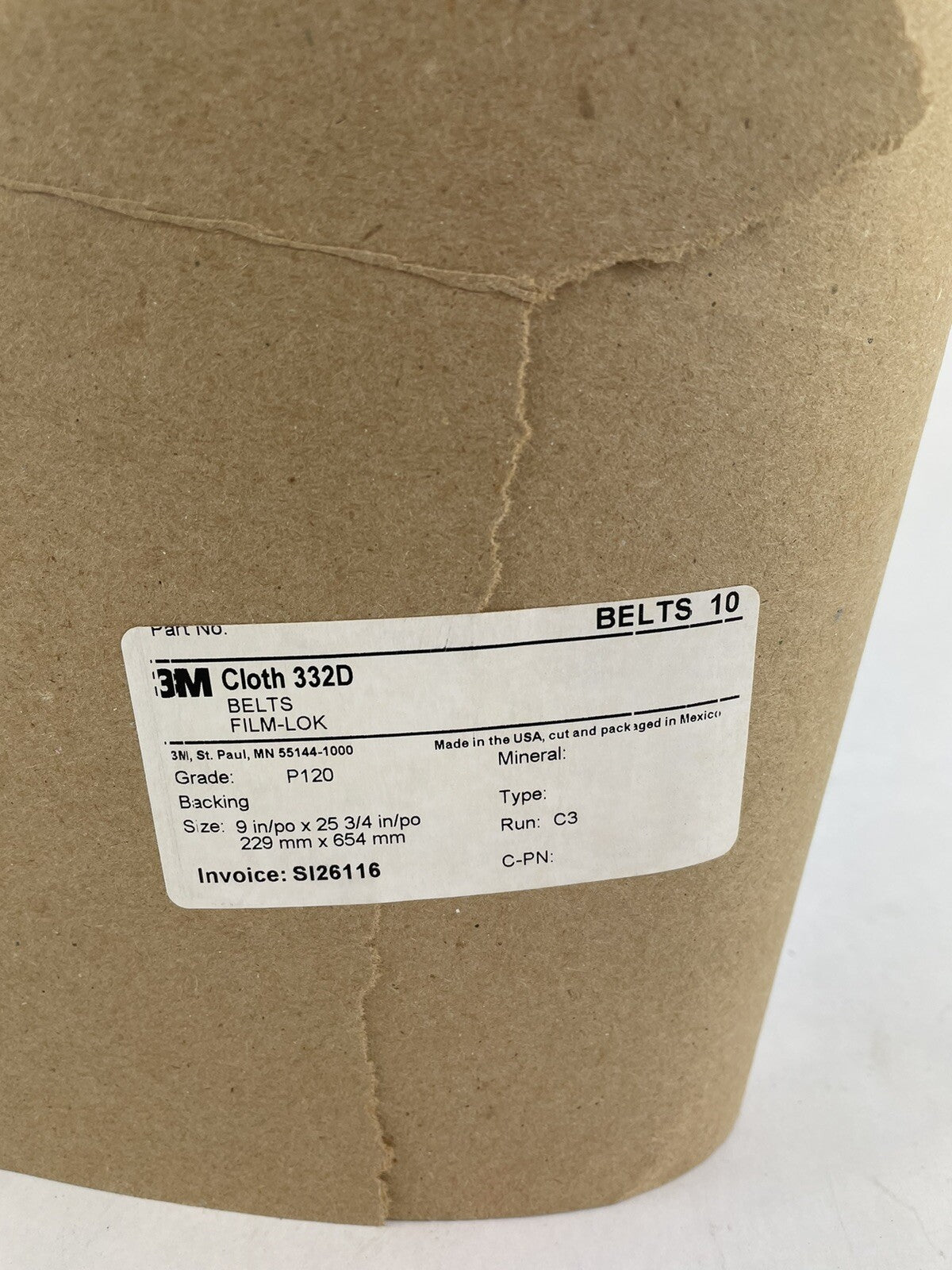 3M Cloth Belt film-LOK 332D sanding belt sleeve 120 grit 9" x 25 3/4” - 10 pack