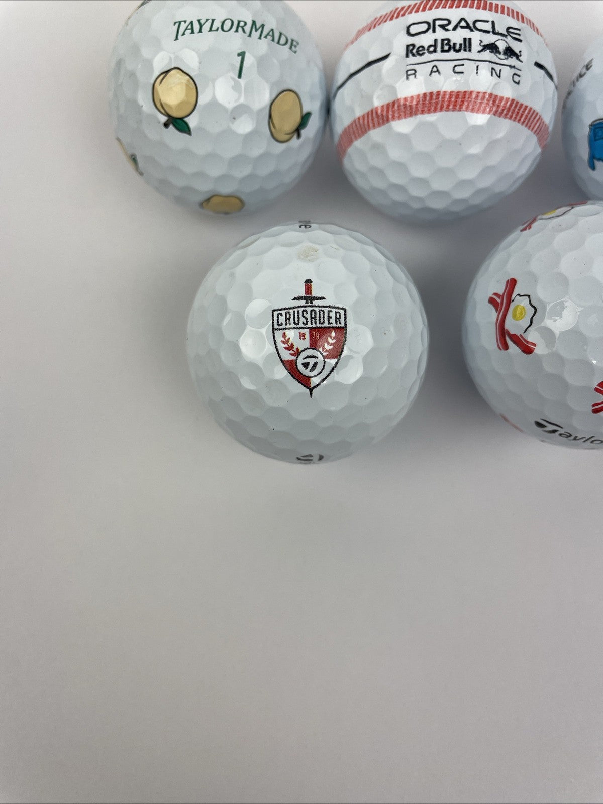 7 Taylormade TP5x Oracle Redbull SHAKA PEACH Bacon And Eggs Palm Shark Golf Ball