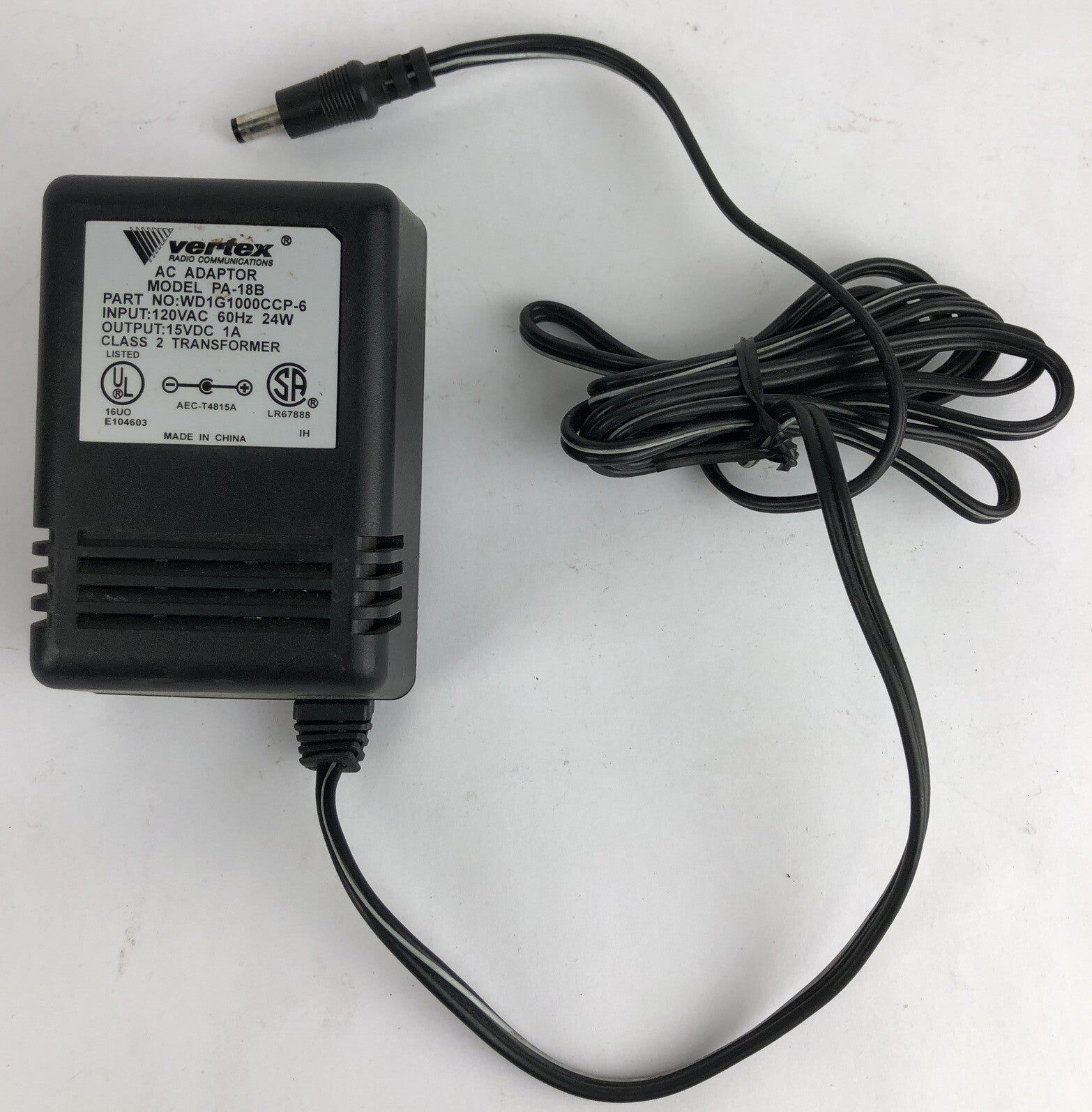 Vertex AC Adapter Model PA-18B 15VDC 1A Class 2 Transformer WD1G1000CCP-6 A11