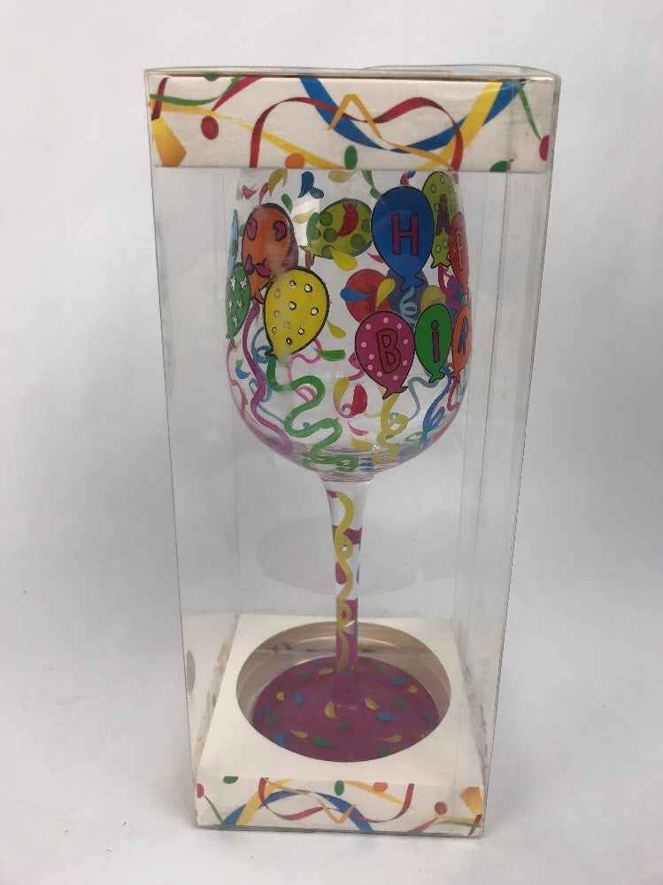 Happy Birthday To You Bottom's Up clear glass wine glass.