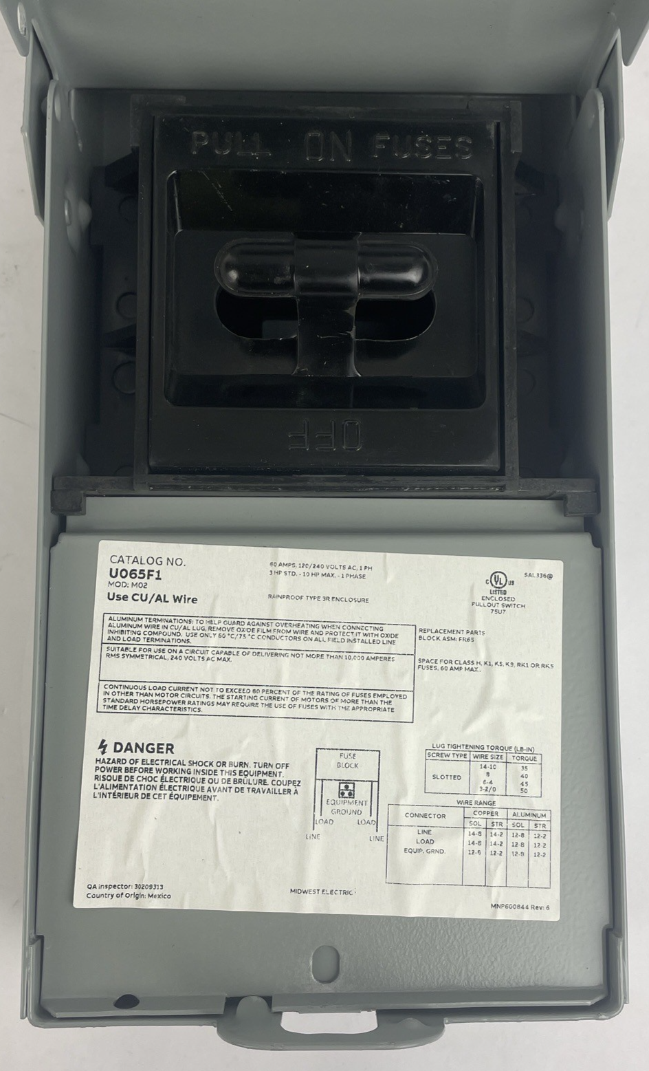 OEM Midwest U065f Fusible Disconnect Switch General Duty, 240 V Dpst, Nema 3R
