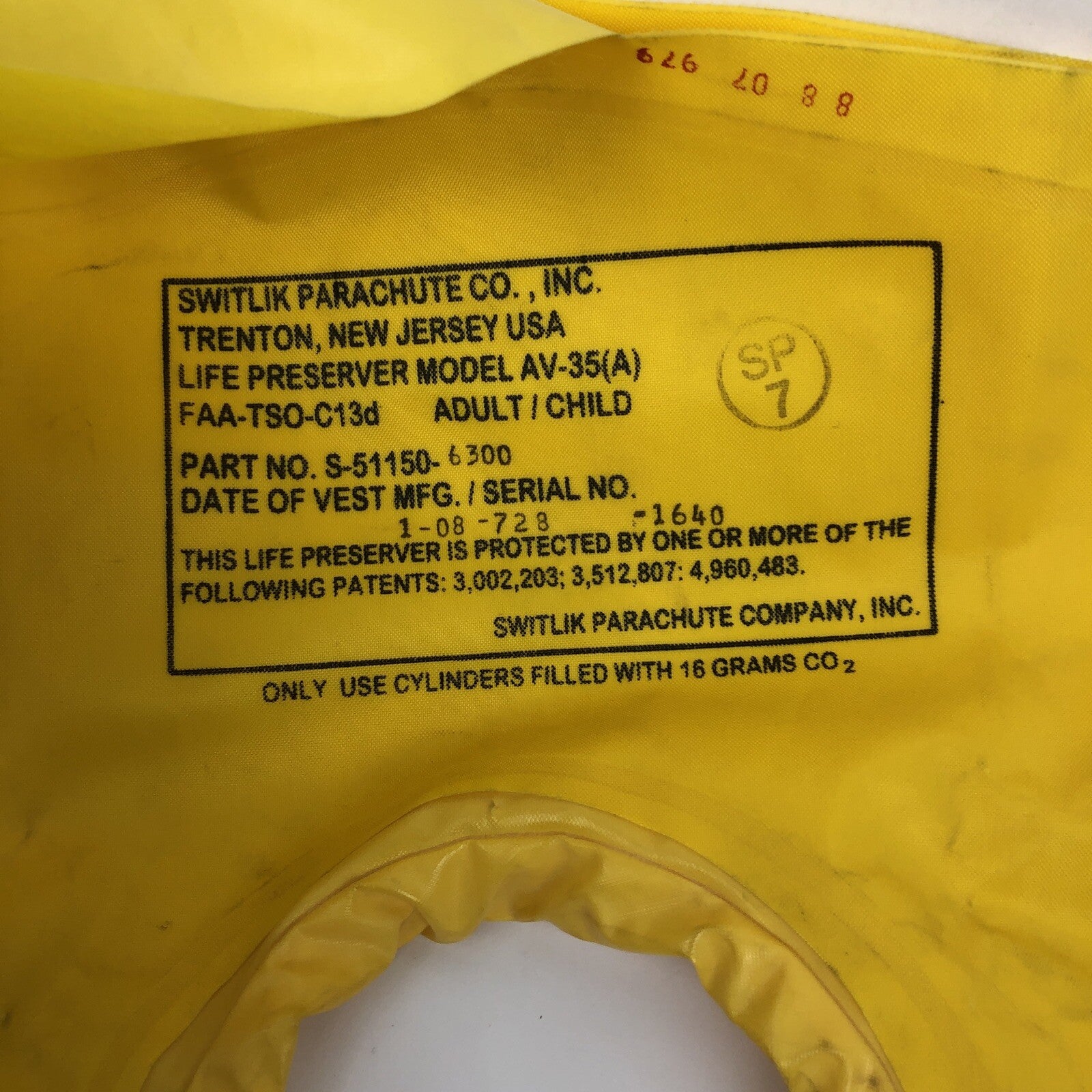 Life Preserver Switlik Parachute Co. Co2 or Self Inflatable Model AV-35A - LOOK