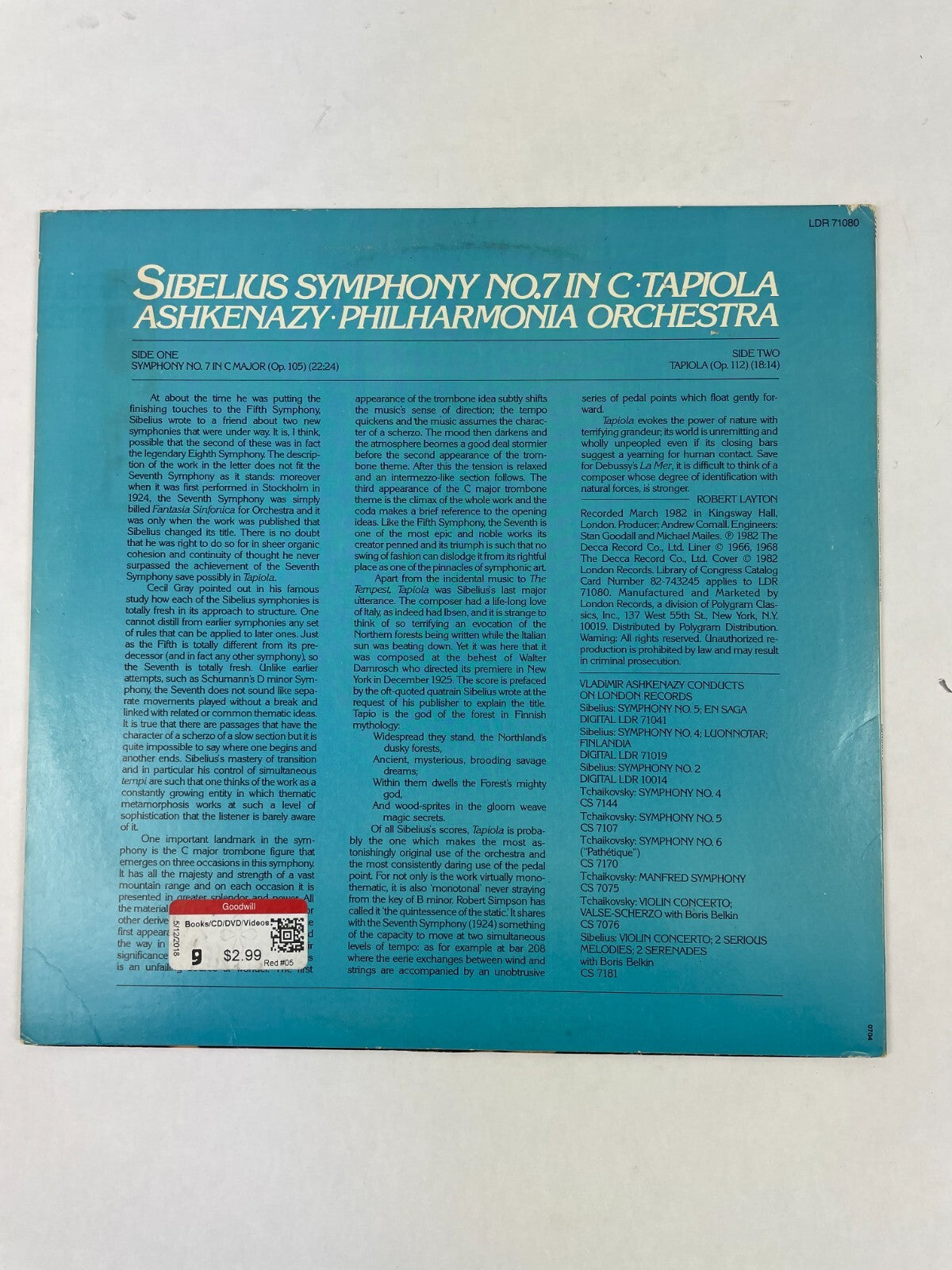 Sibelkis Symphony No 7 In C Tapiola Ashkenazy Philharmonia OrchestraVinyl Record