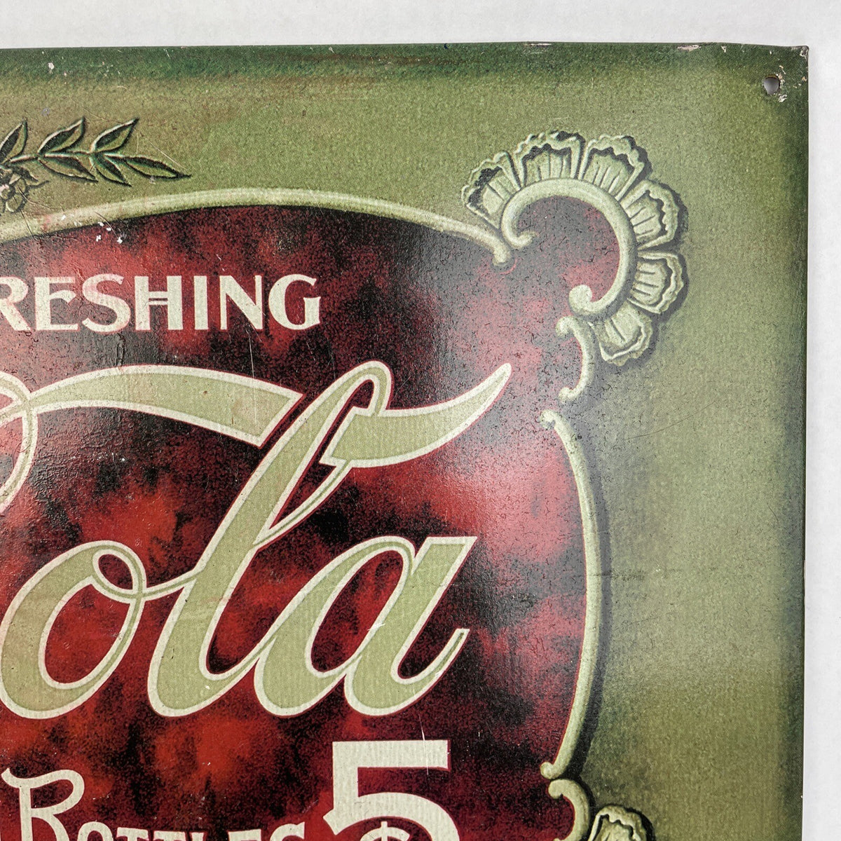 1999 Coca-Cola Metal Sign 16" x 8.75" Delicious Refreshing 5¢ Fountains Bottles