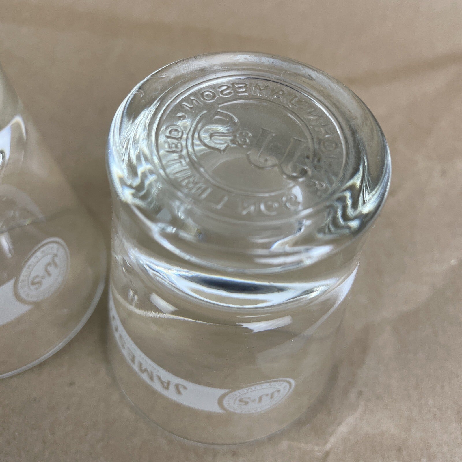 2 x Jameson Irish Whiskey JJ&S Etched Logo Heavy Bottom Shot Glasses 1.5 oz Lot