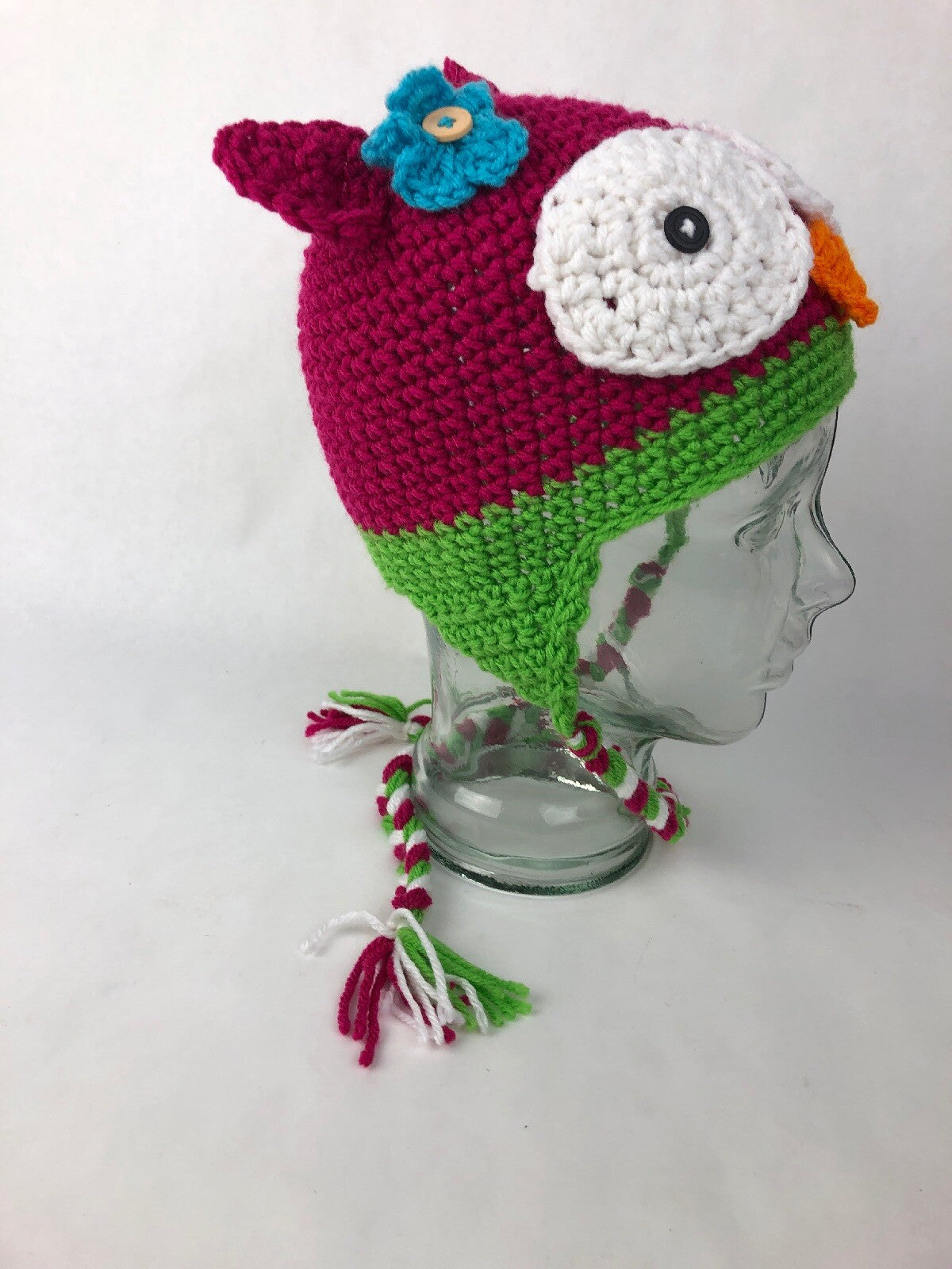 New Hand Knit Pink Green OWL FACE & Ears Winter HAT Cap Child Kids W Tie Straps