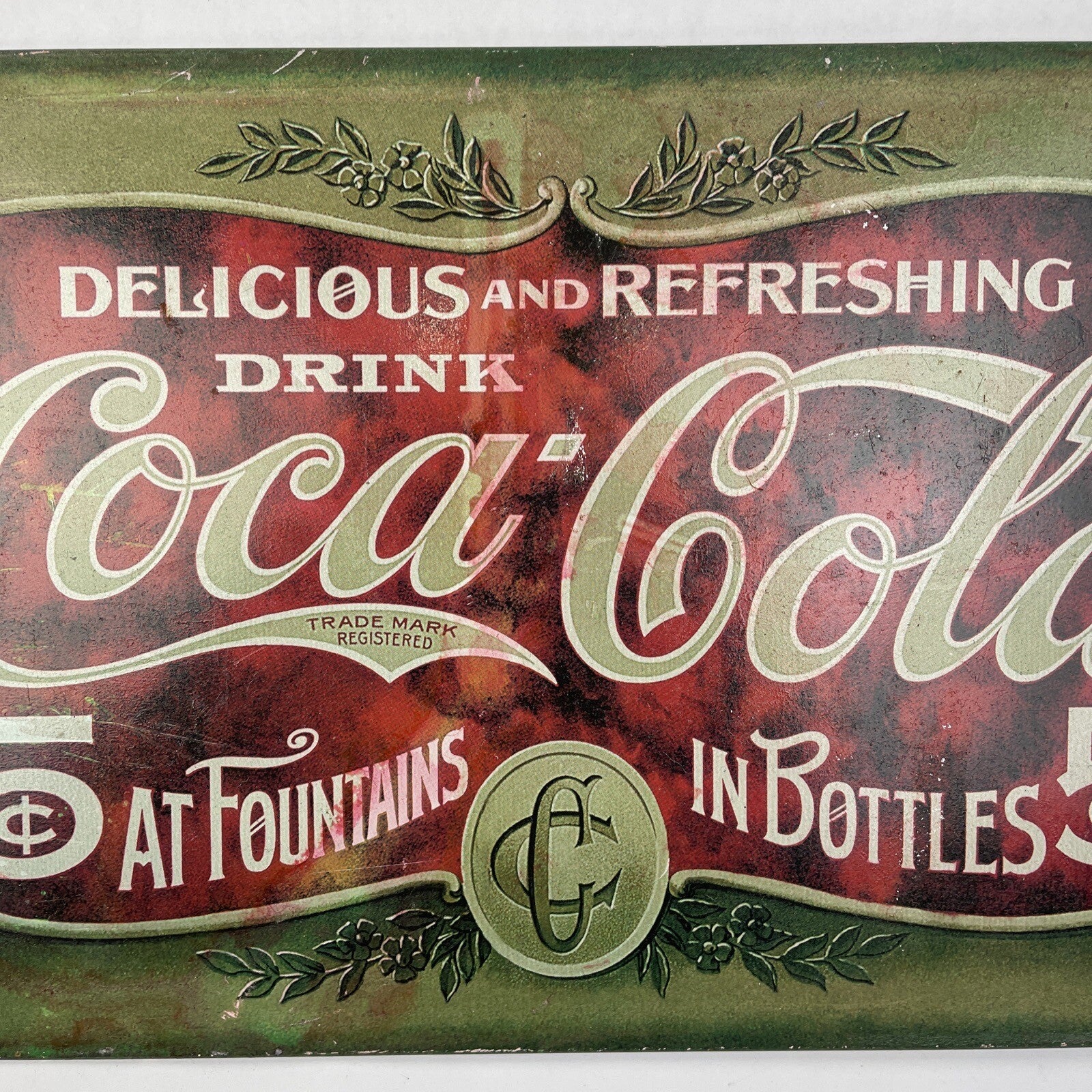 1999 Coca-Cola Metal Sign 16" x 8.75" Delicious Refreshing 5¢ Fountains Bottles