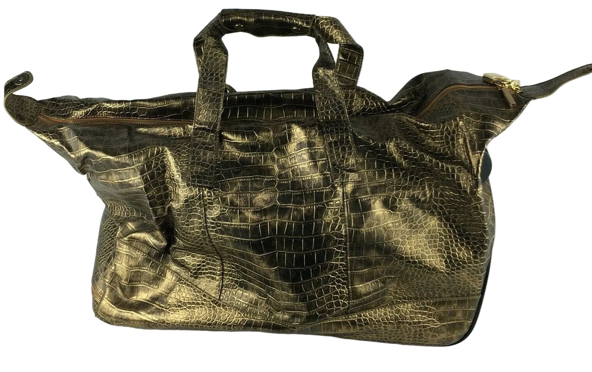 The Find gold faux leather crocodile-embossed travel bag with wheels and handles