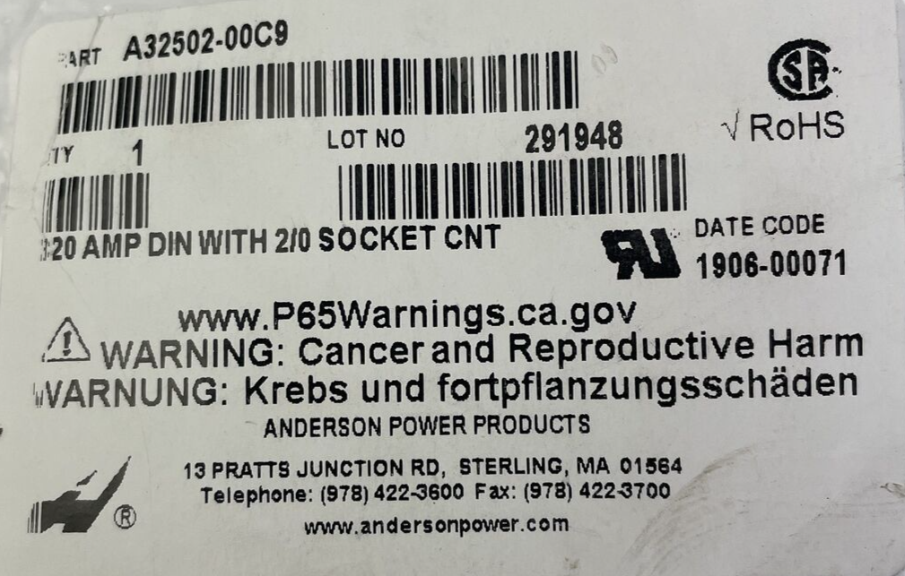 Anderson Power Products Connector, Power, Heavy Duty, A32 SCKT 2/0AWG W/ 2 UPPER